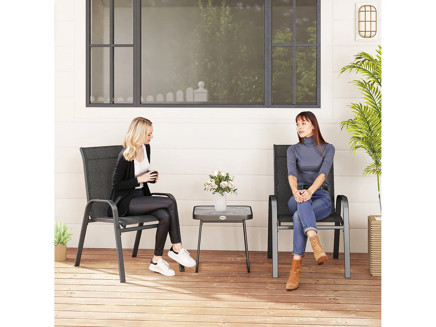 Salon de jardin bistro 2 personnes 3 pièces - plateau effet béton ciré acier époxy textilène noir