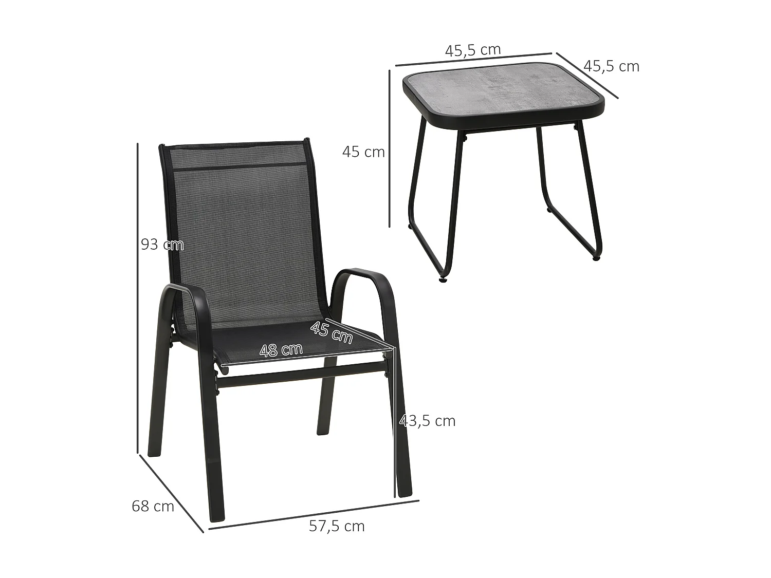 Salon de jardin bistro 2 personnes 3 pièces - plateau effet béton ciré acier époxy textilène noir