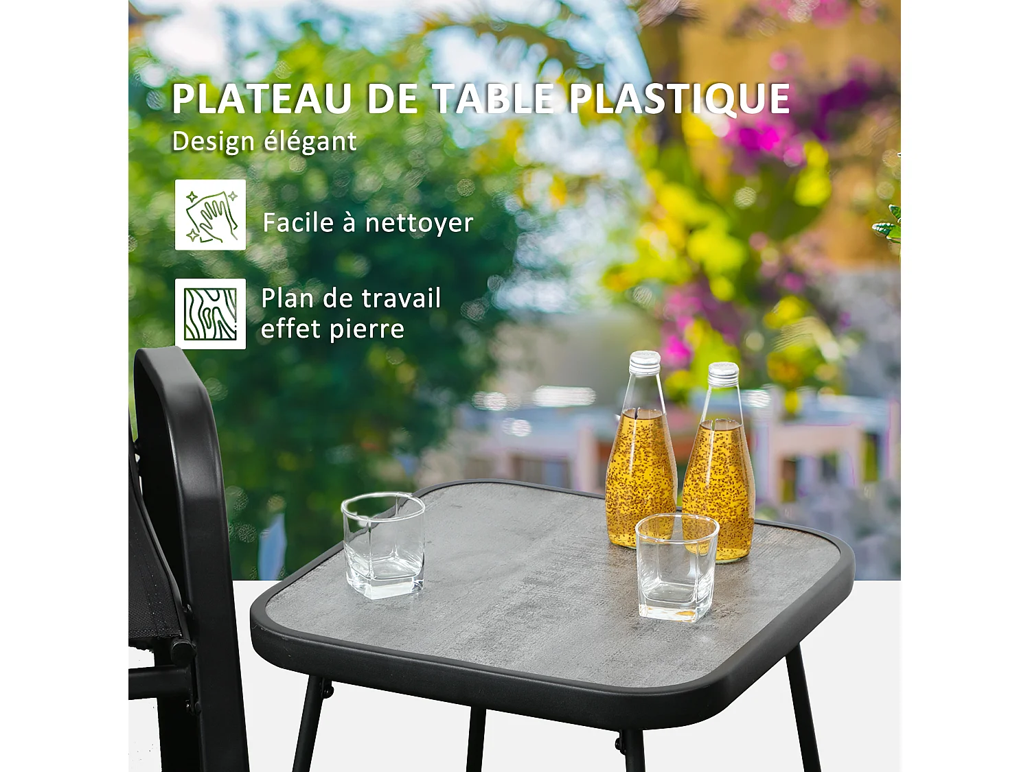 Salon de jardin bistro 2 personnes 3 pièces - plateau effet béton ciré acier époxy textilène noir