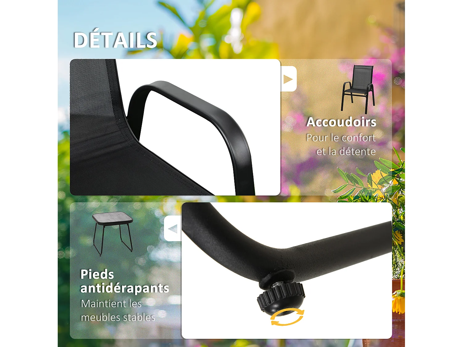 Salon de jardin bistro 2 personnes 3 pièces - plateau effet béton ciré acier époxy textilène noir