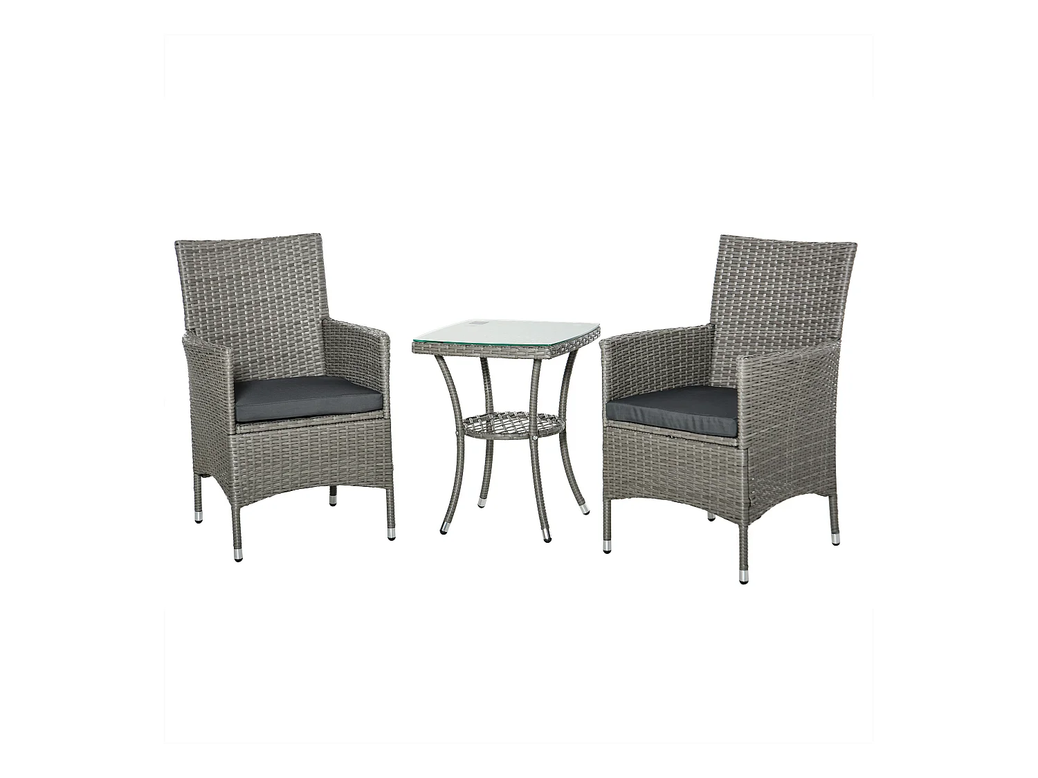 Outsunny Ensemble salon de jardin 2 places : 2 fauteuils et table basse plateau verre trempé résine tressée imitation rotin avec coussins gris