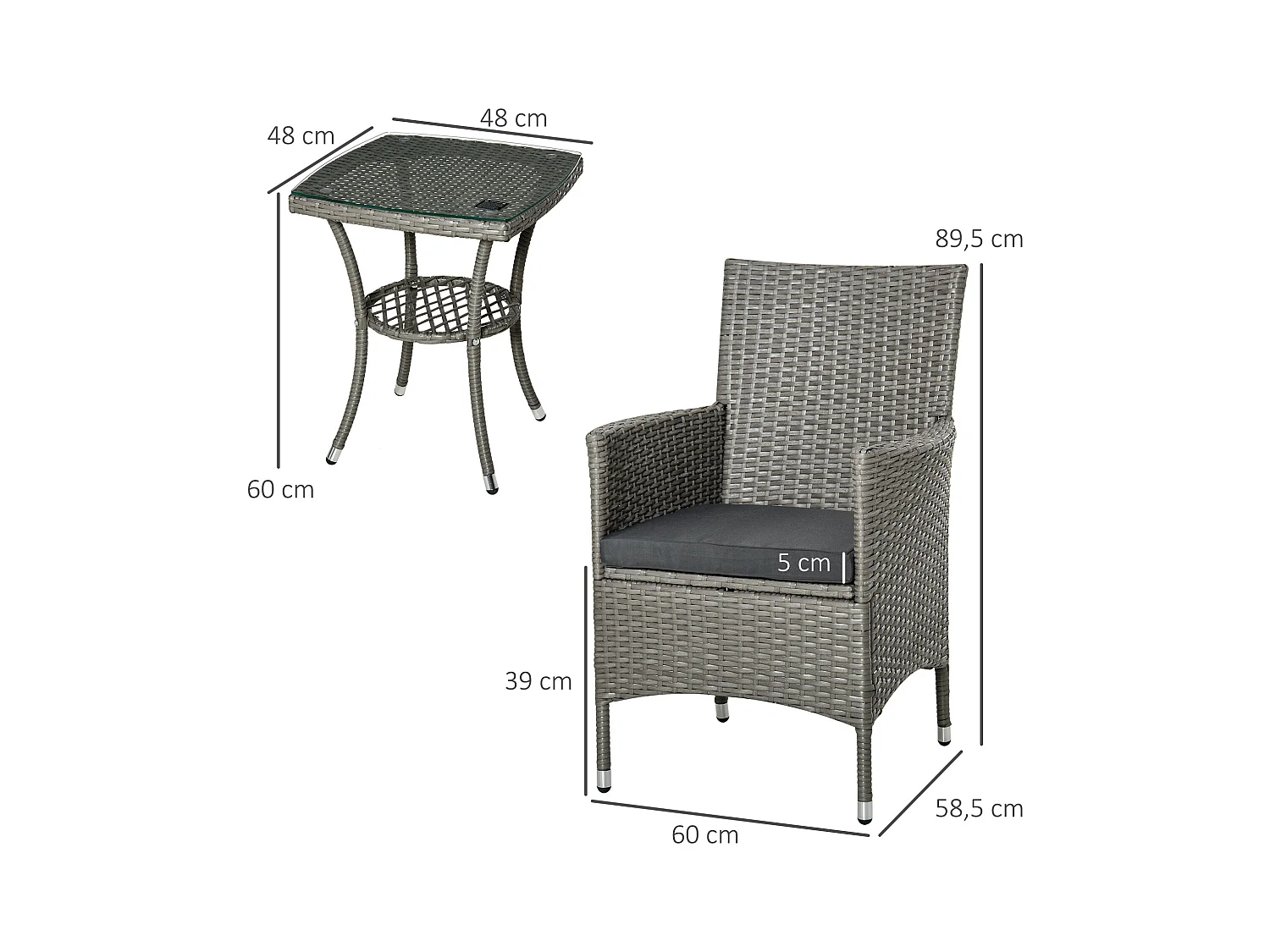 Outsunny Ensemble salon de jardin 2 places : 2 fauteuils et table basse plateau verre trempé résine tressée imitation rotin avec coussins gris