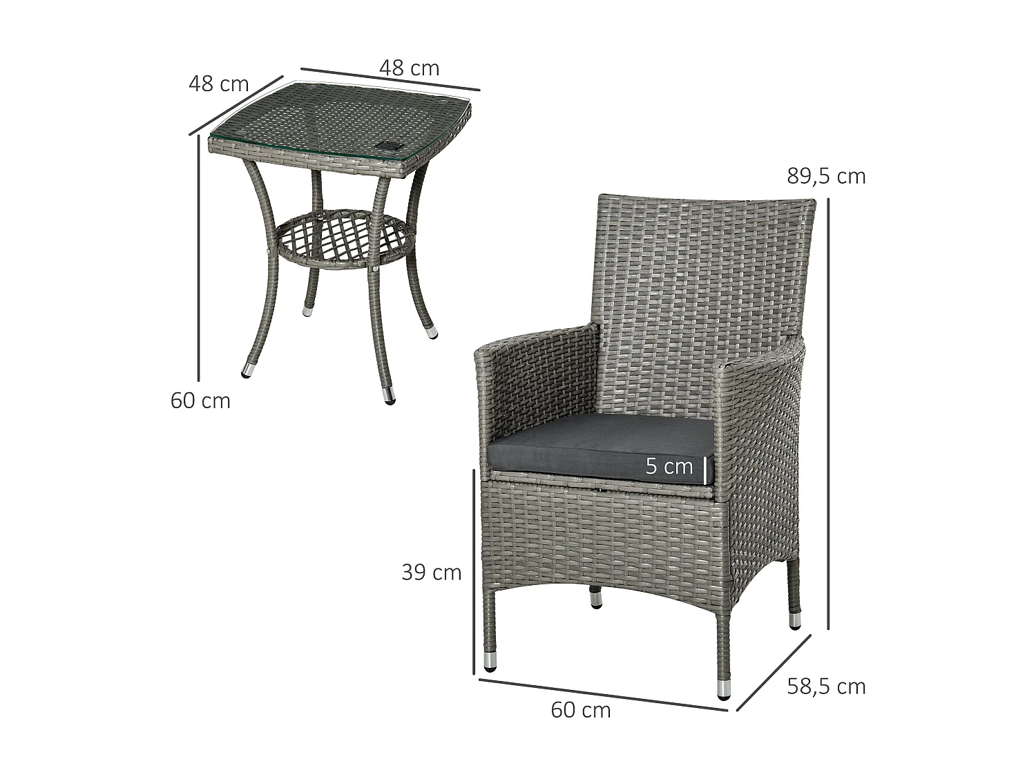 Outsunny Ensemble salon de jardin 2 places : 2 fauteuils et table basse plateau verre trempé résine tressée imitation rotin avec coussins gris