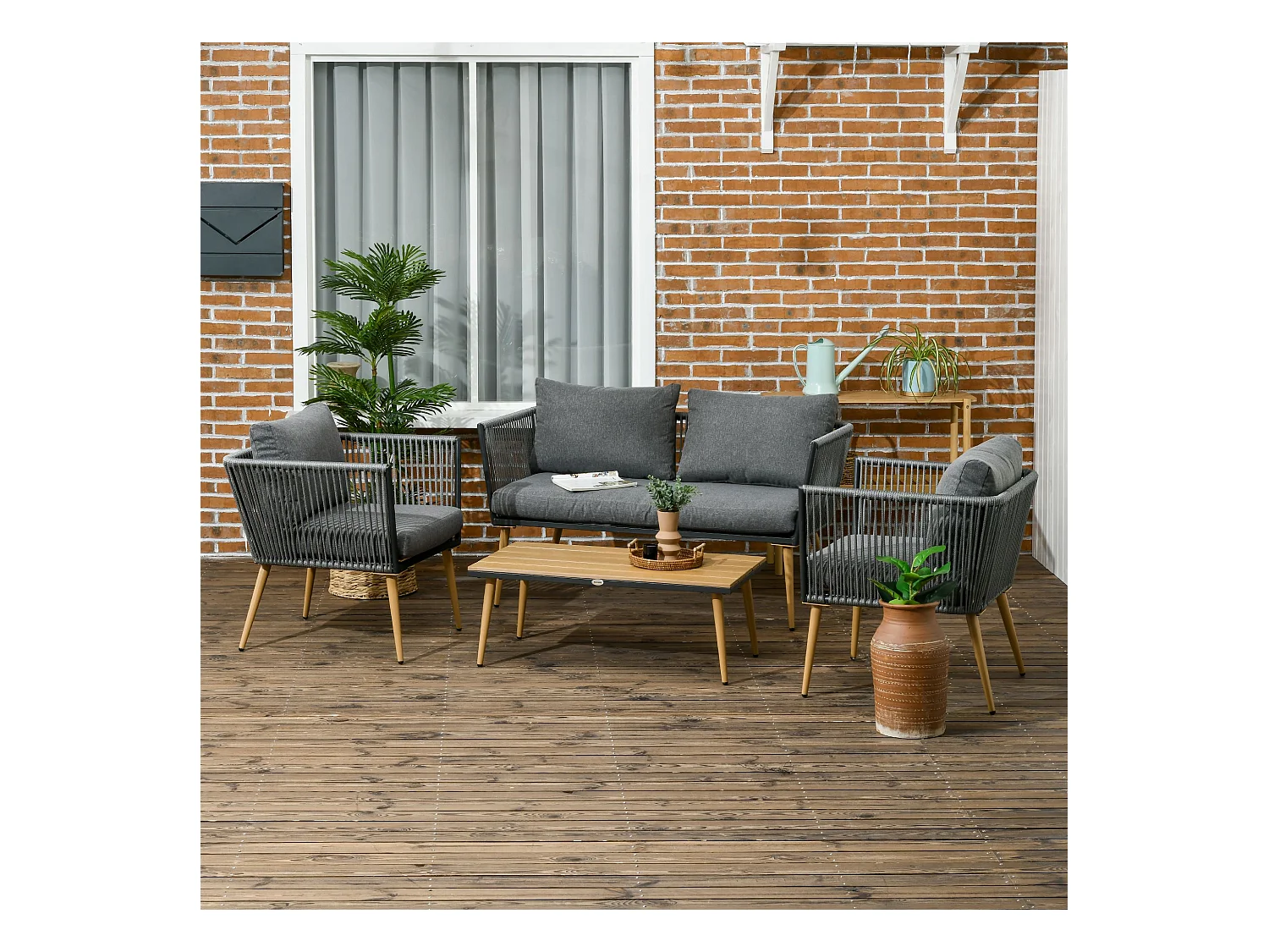 Salon de jardin 4 places 4 pièces design scandinave acier époxy résine filaire PE coussins inclus gris