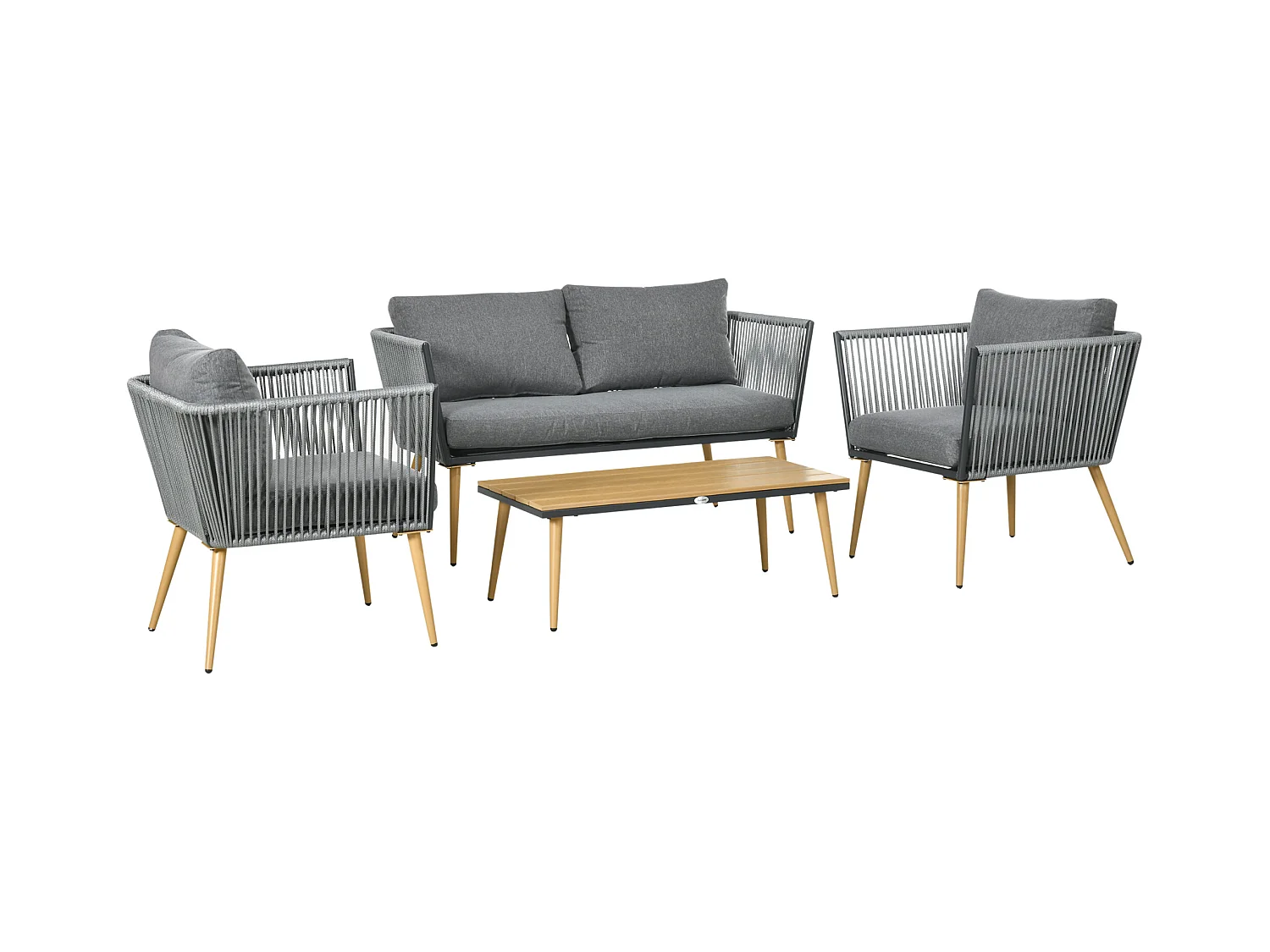 Salon de jardin 4 places 4 pièces design scandinave acier époxy résine filaire PE coussins inclus gris