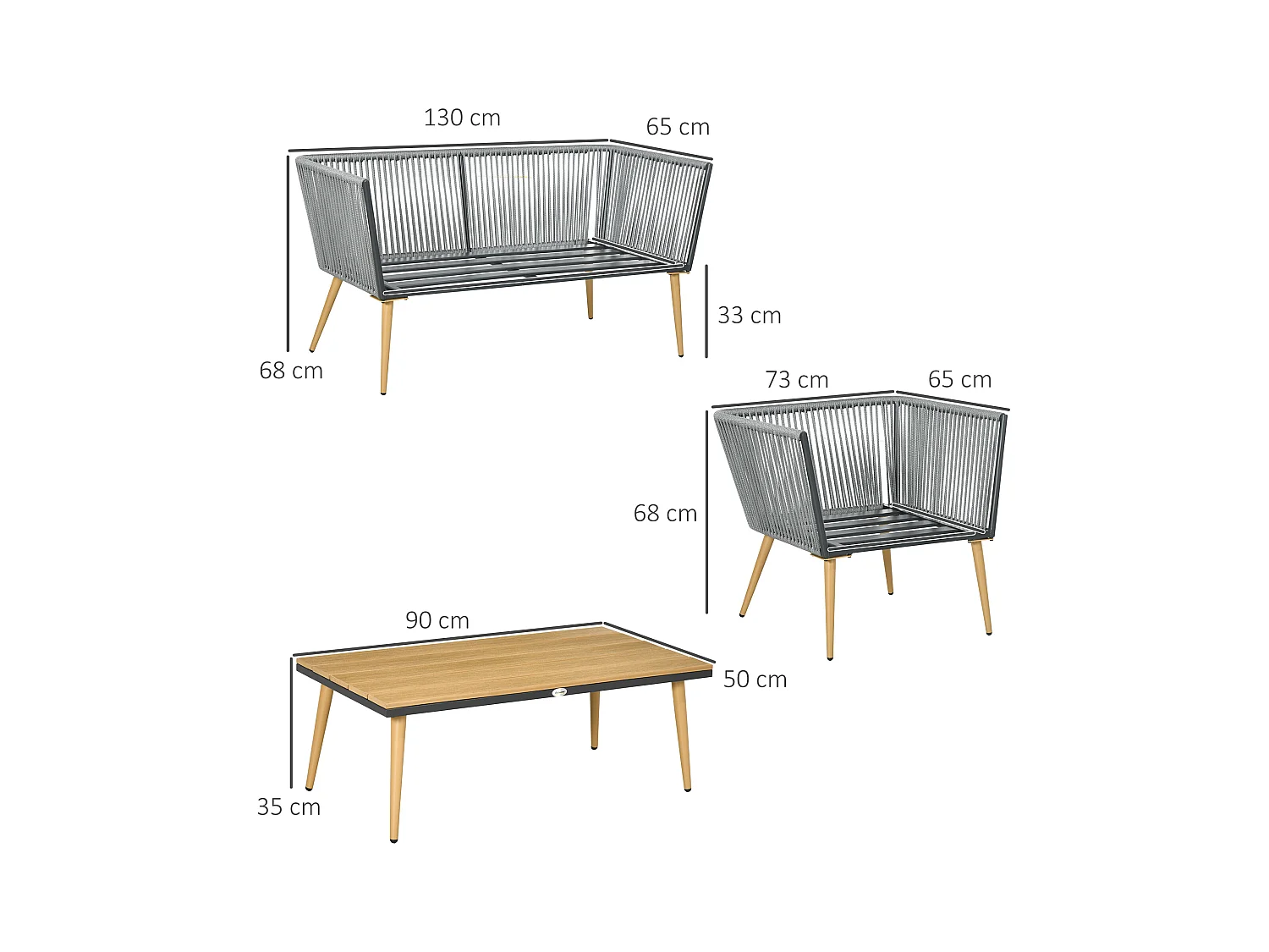 Salon de jardin 4 places 4 pièces design scandinave acier époxy résine filaire PE coussins inclus gris