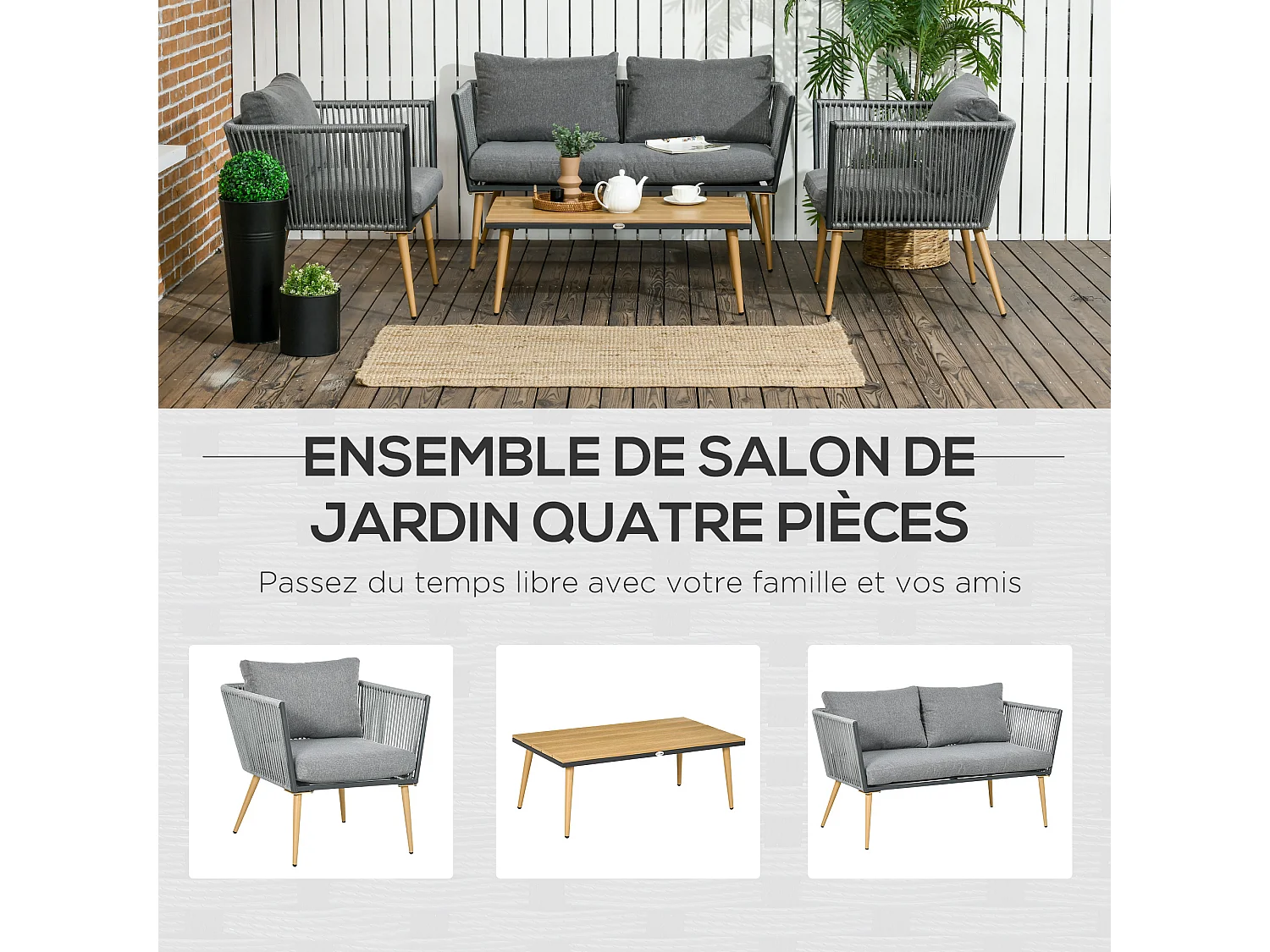 Salon de jardin 4 places 4 pièces design scandinave acier époxy résine filaire PE coussins inclus gris