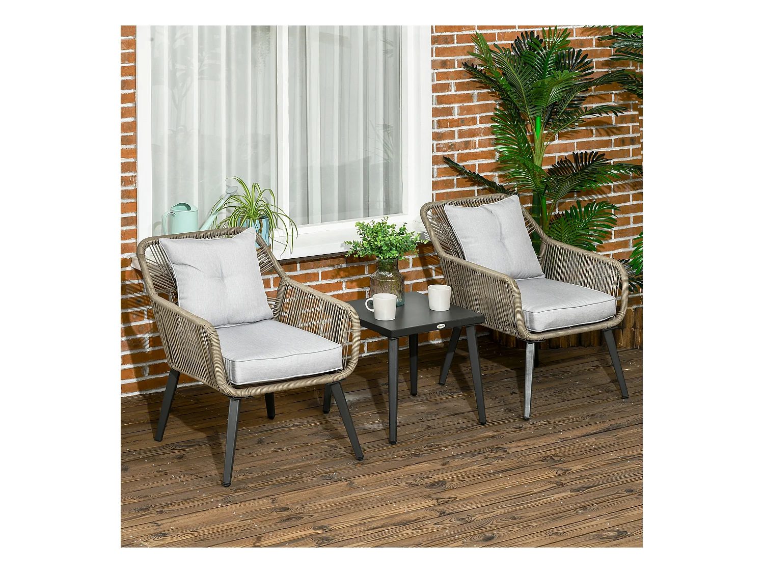 Ensemble bistro de jardin 2 places 3 pièces style contemporain acier époxy noir résine filaire gris clair