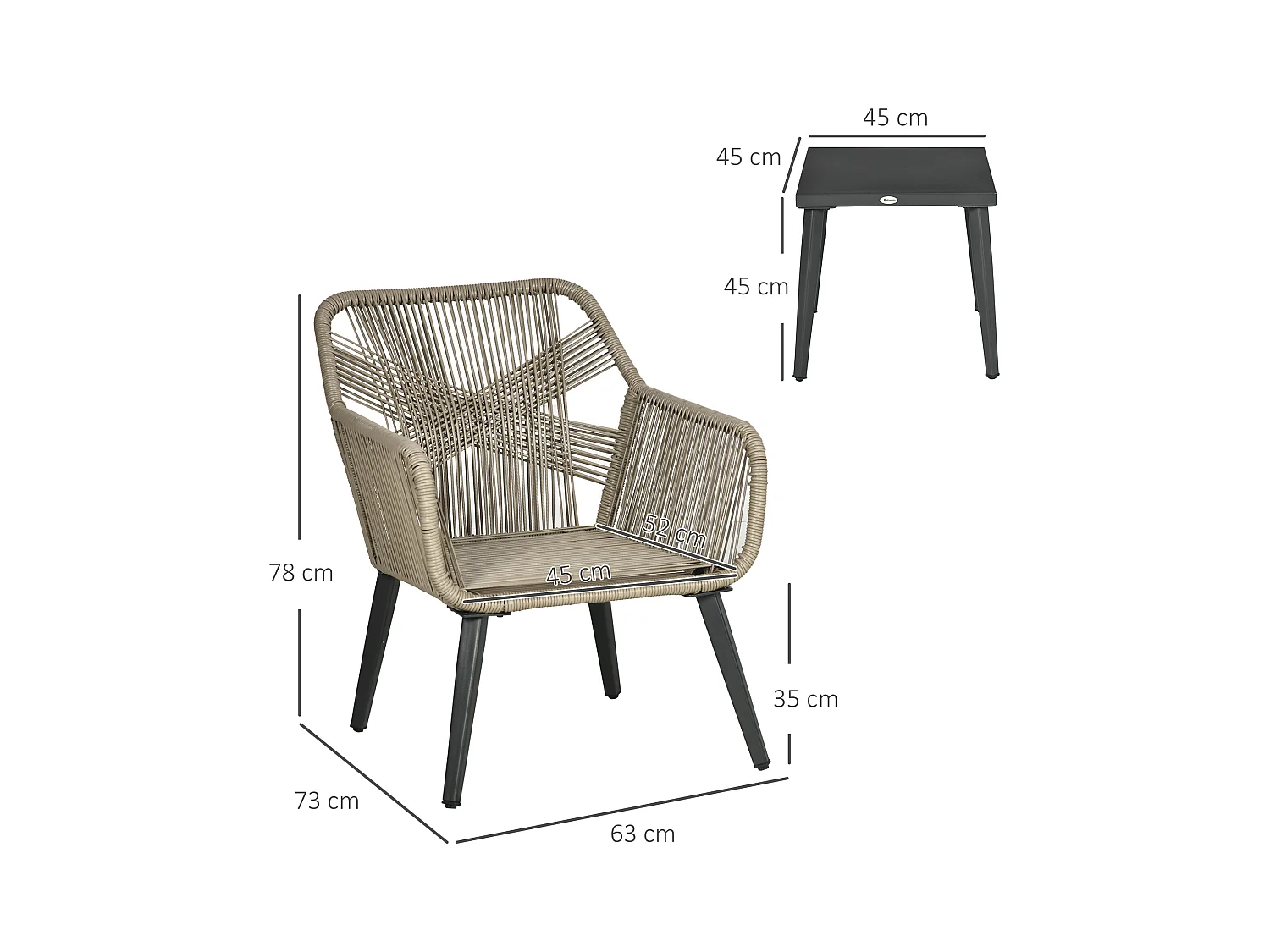 Ensemble bistro de jardin 2 places 3 pièces style contemporain acier époxy noir résine filaire gris clair