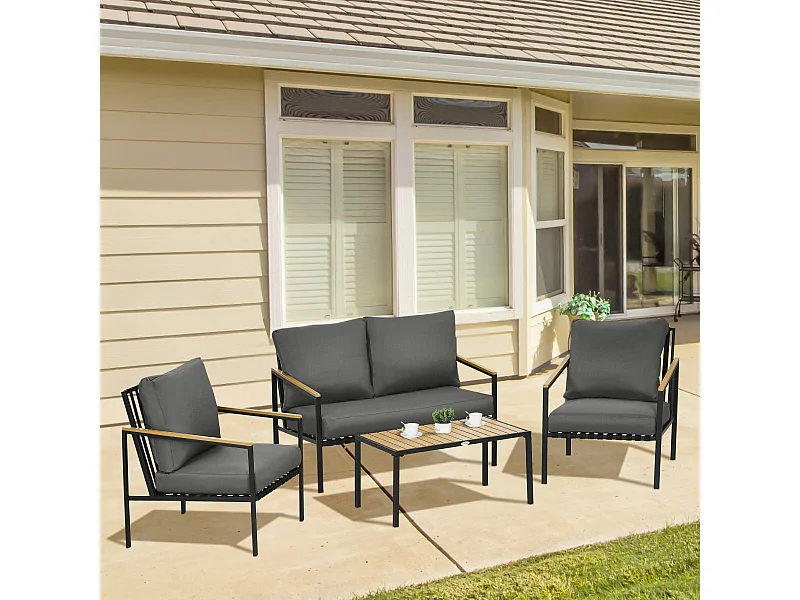 Ensemble salon de jardin design style colonial 4 places 4 pièces accoudoirs plateau aspect bois acier noir polyester gris