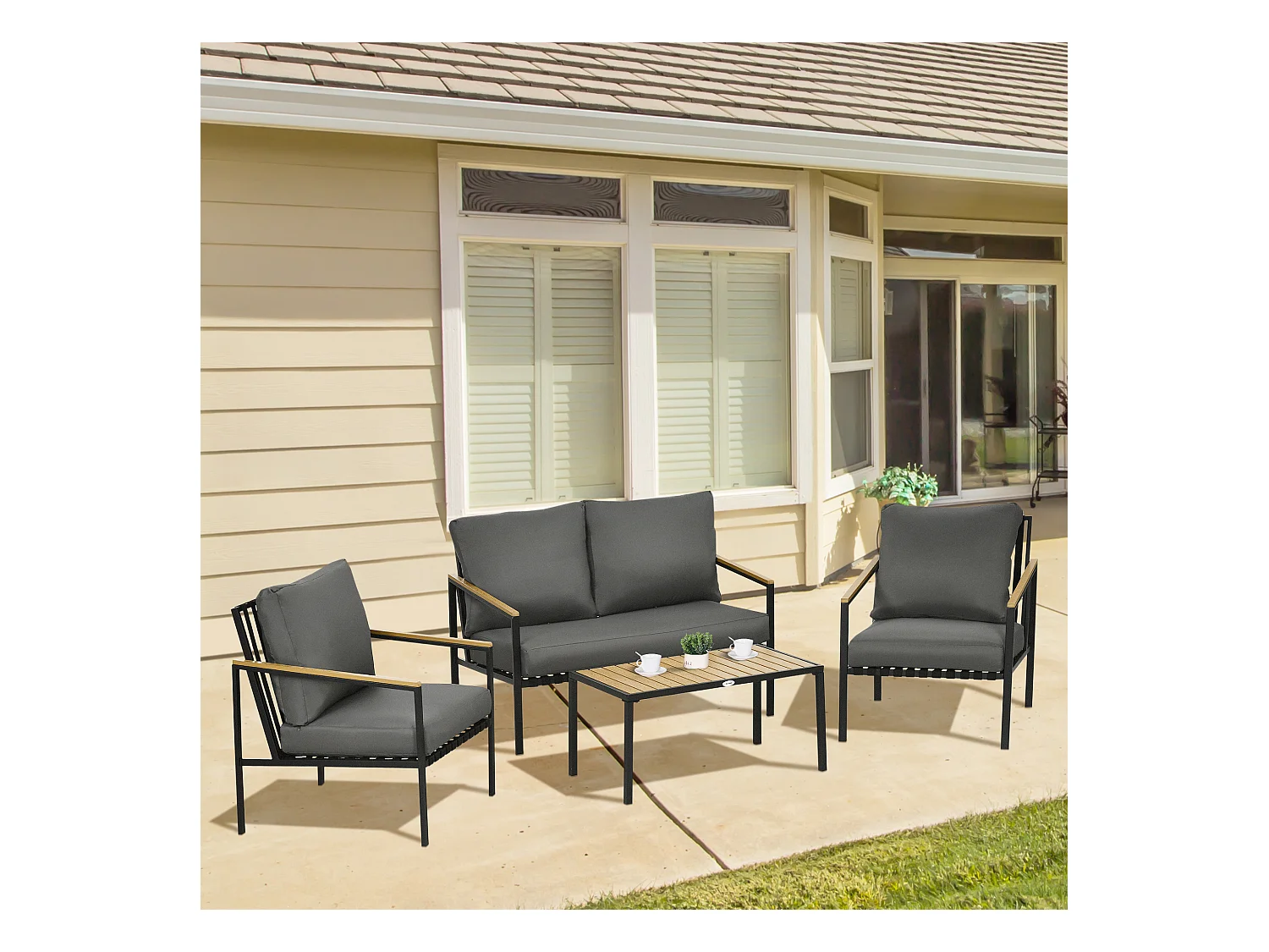 Ensemble salon de jardin design style colonial 4 places 4 pièces accoudoirs plateau aspect bois acier noir polyester gris