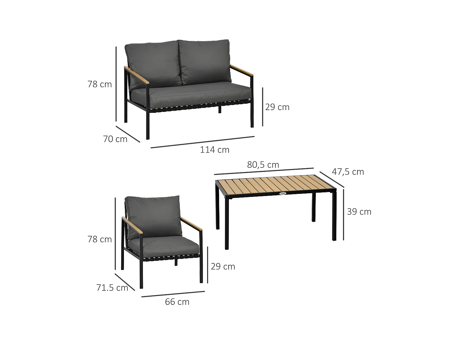 Ensemble salon de jardin design style colonial 4 places 4 pièces accoudoirs plateau aspect bois acier noir polyester gris