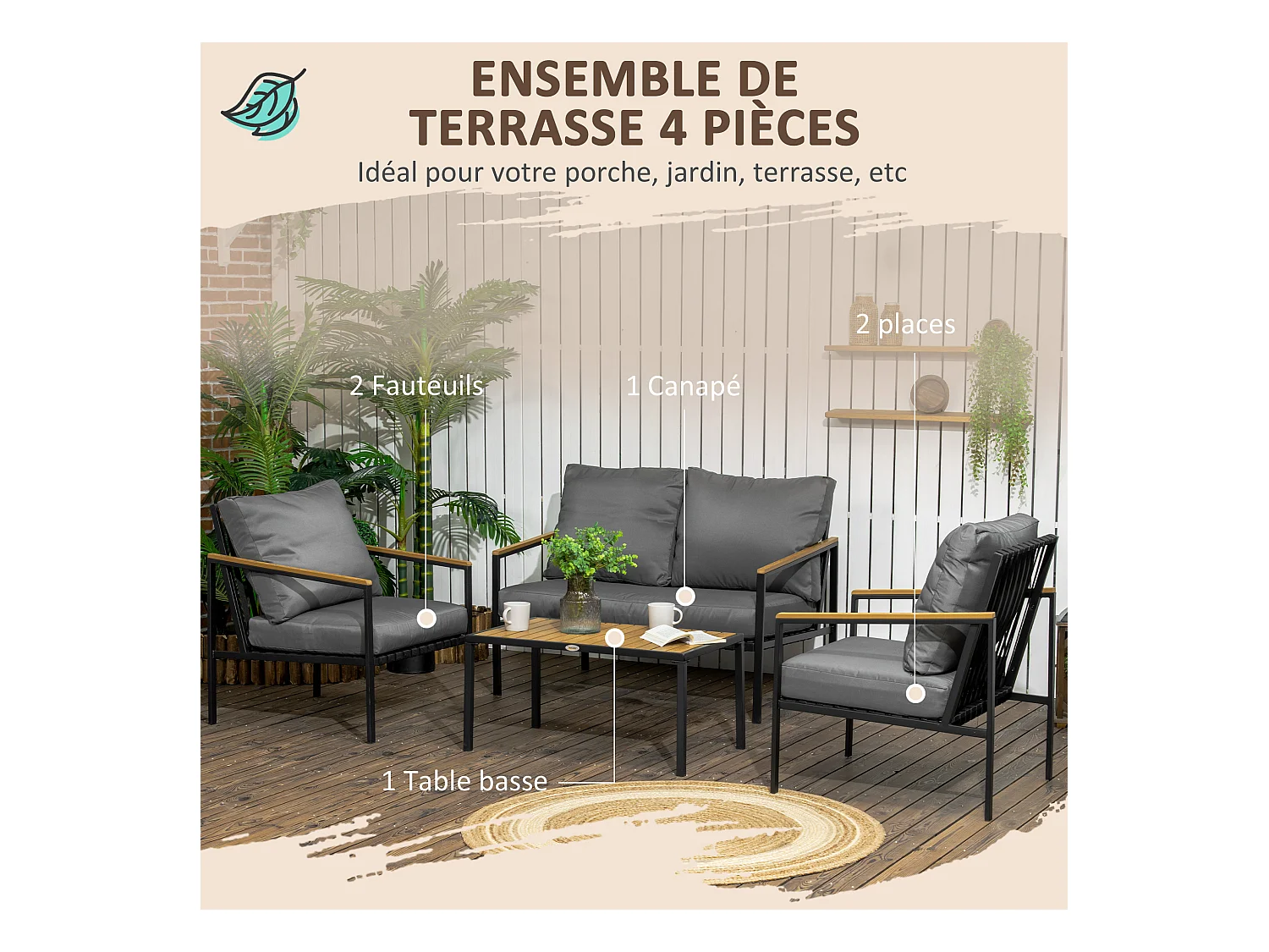 Ensemble salon de jardin design style colonial 4 places 4 pièces accoudoirs plateau aspect bois acier noir polyester gris