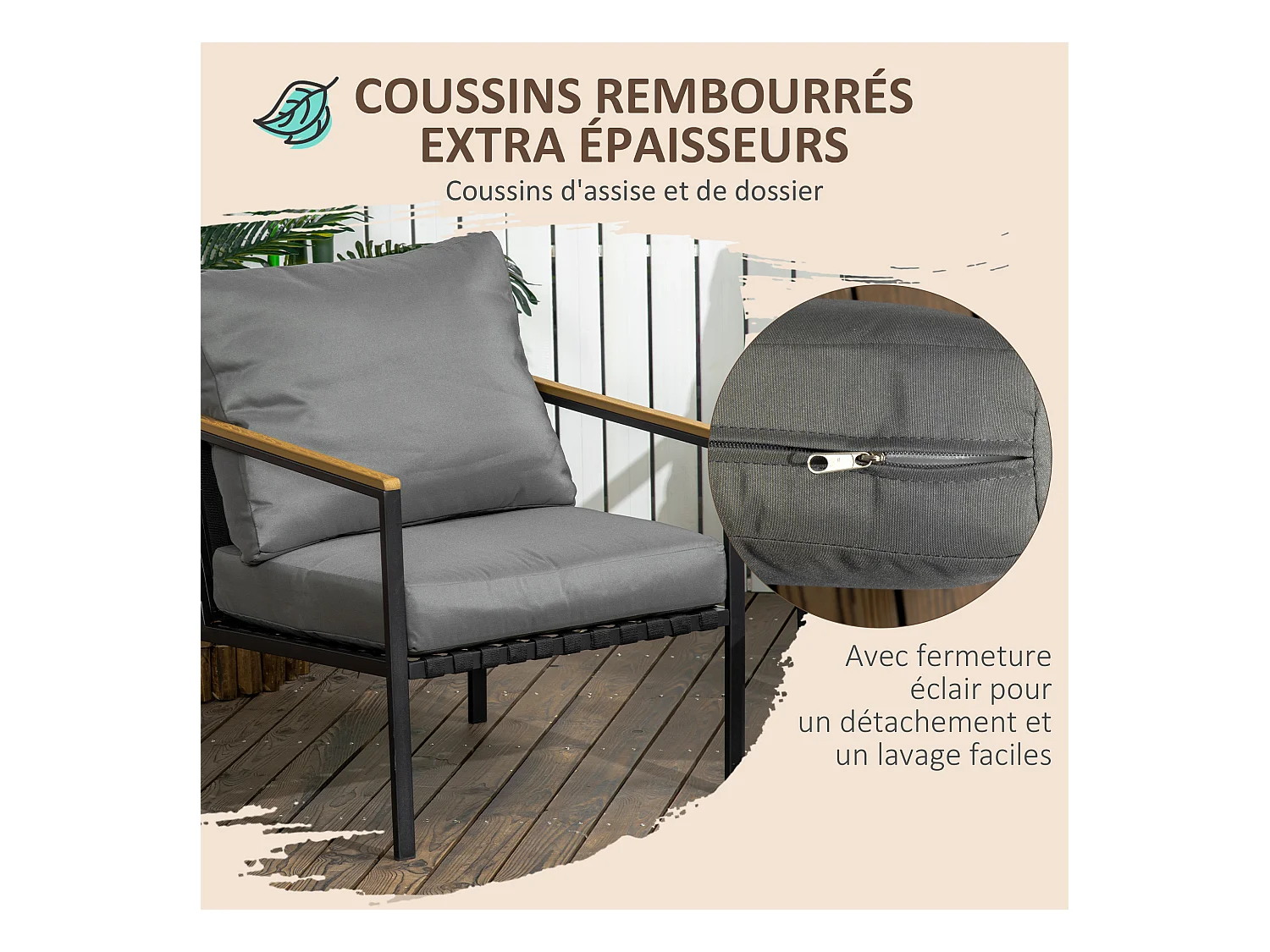 Ensemble salon de jardin design style colonial 4 places 4 pièces accoudoirs plateau aspect bois acier noir polyester gris