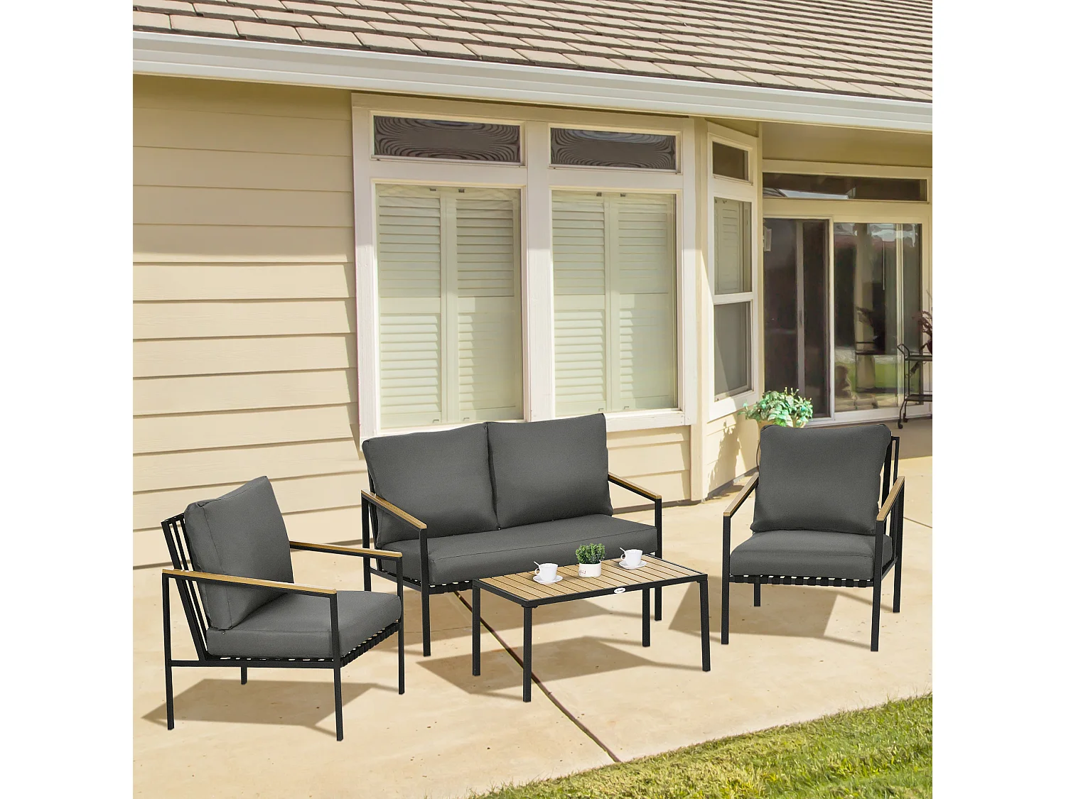 Ensemble salon de jardin design style colonial 4 places 4 pièces accoudoirs plateau aspect bois acier noir polyester gris