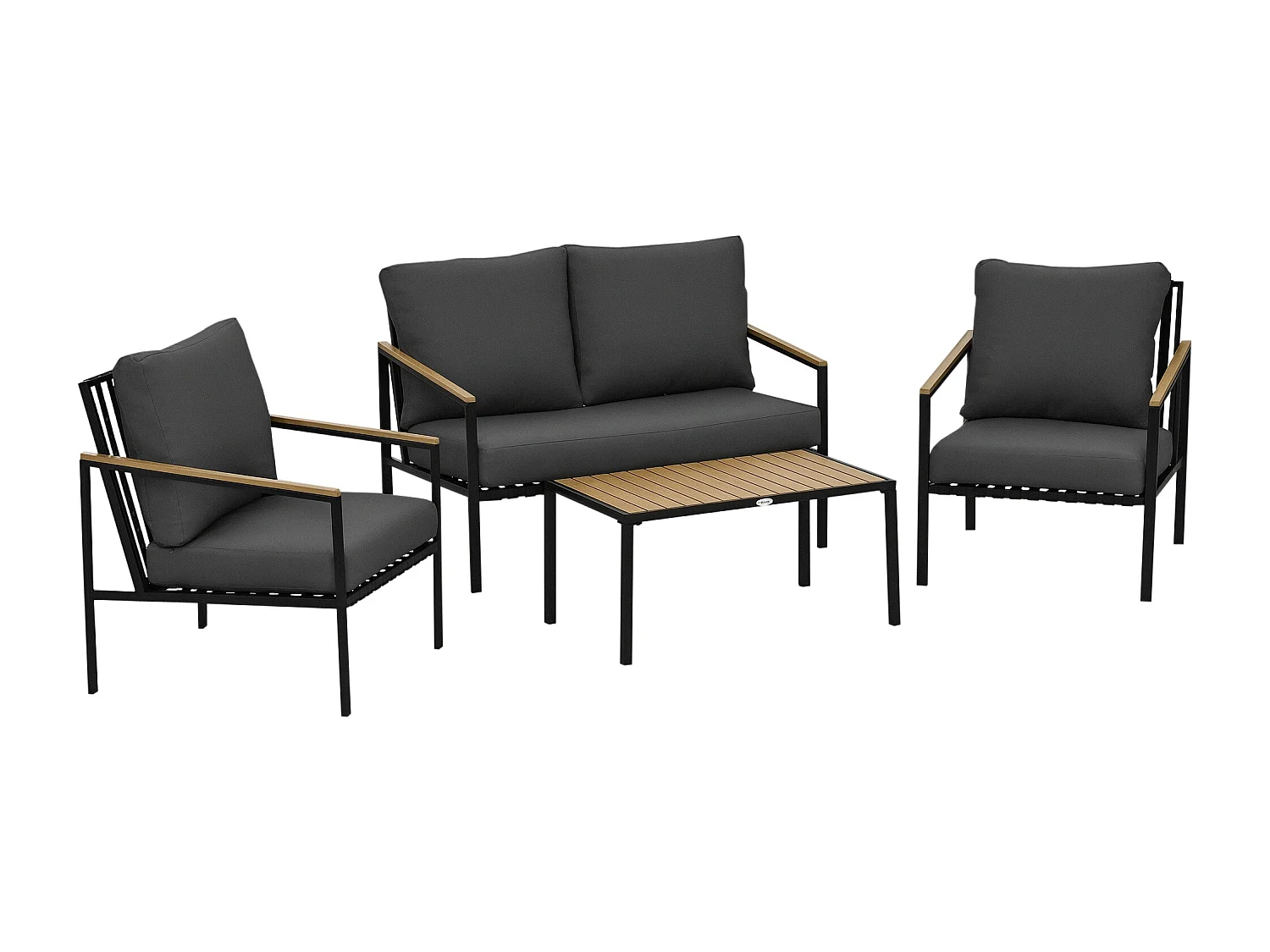 Ensemble salon de jardin design style colonial 4 places 4 pièces accoudoirs plateau aspect bois acier noir polyester gris