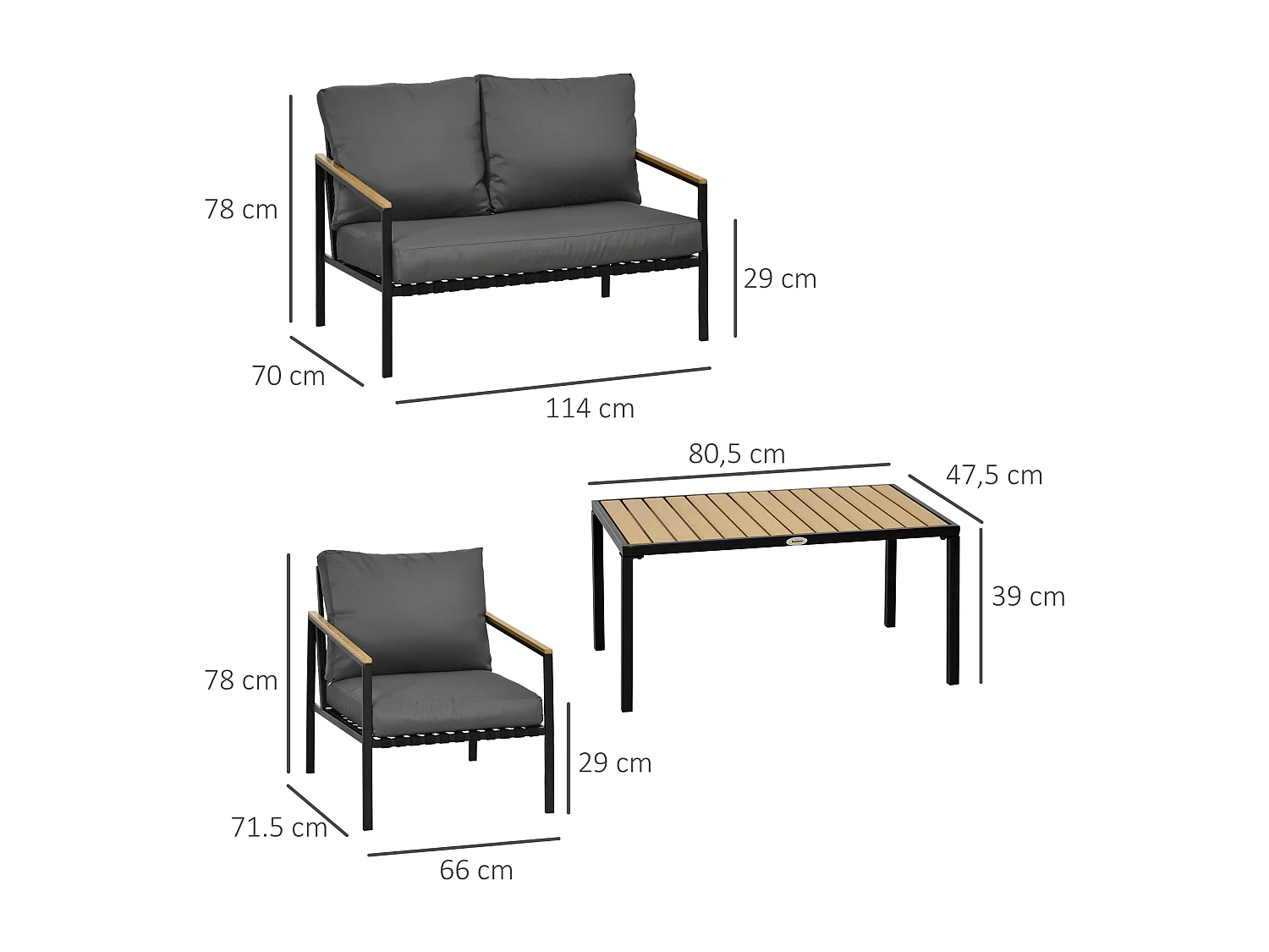 Ensemble salon de jardin design style colonial 4 places 4 pièces accoudoirs plateau aspect bois acier noir polyester gris