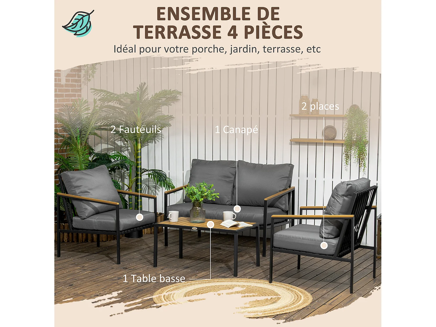 Ensemble salon de jardin design style colonial 4 places 4 pièces accoudoirs plateau aspect bois acier noir polyester gris