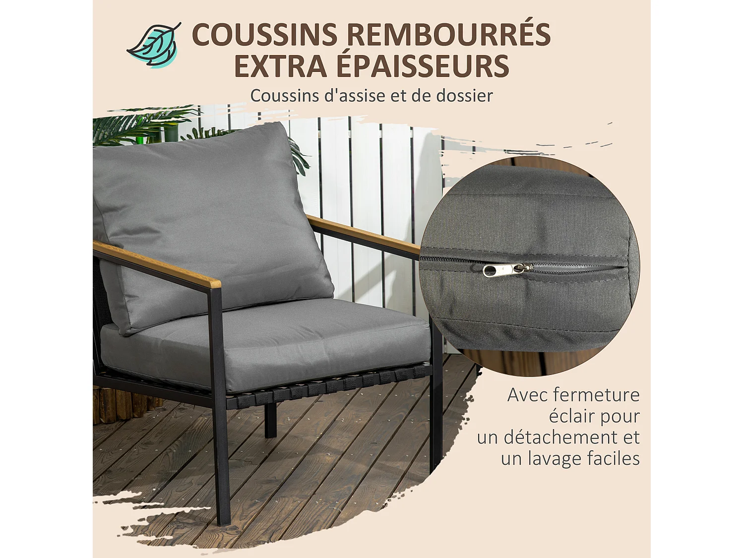 Ensemble salon de jardin design style colonial 4 places 4 pièces accoudoirs plateau aspect bois acier noir polyester gris