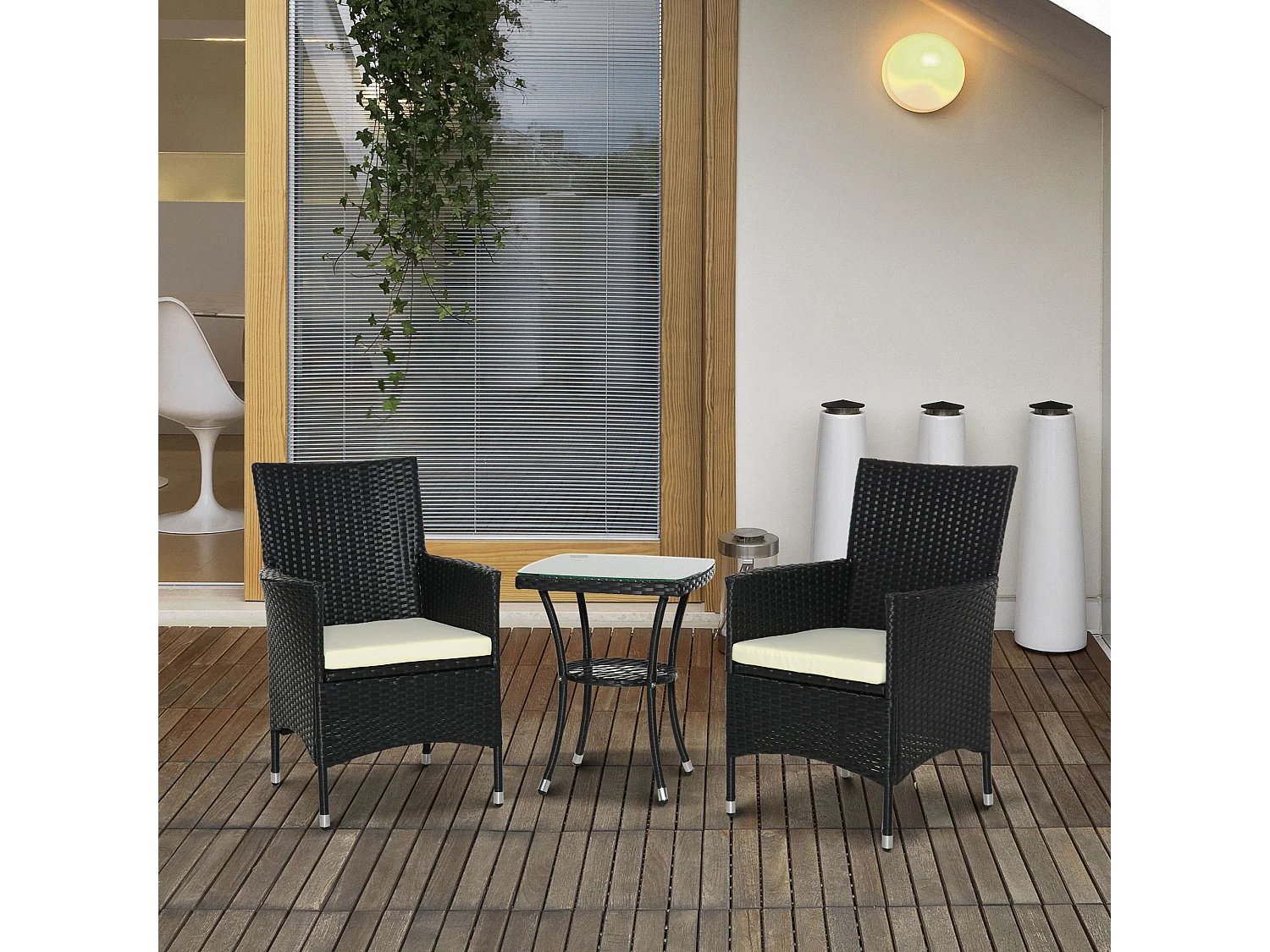 Ensemble salon de jardin 2 places : 2 fauteuils et table basse plateau verre trempé résine tressée 4 fils imitation rotin avec coussins noir