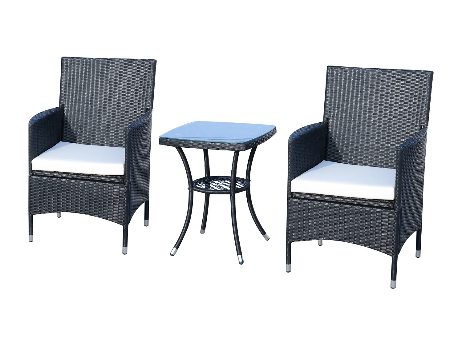 Ensemble salon de jardin 2 places : 2 fauteuils et table basse plateau verre trempé résine tressée 4 fils imitation rotin avec coussins noir