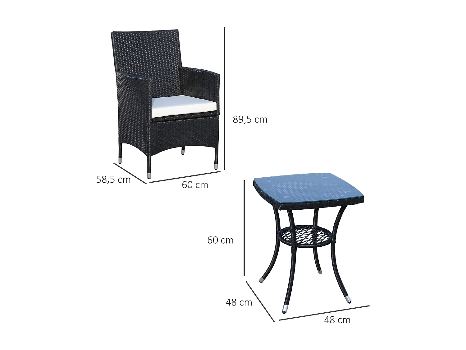 Ensemble salon de jardin 2 places : 2 fauteuils et table basse plateau verre trempé résine tressée 4 fils imitation rotin avec coussins noir