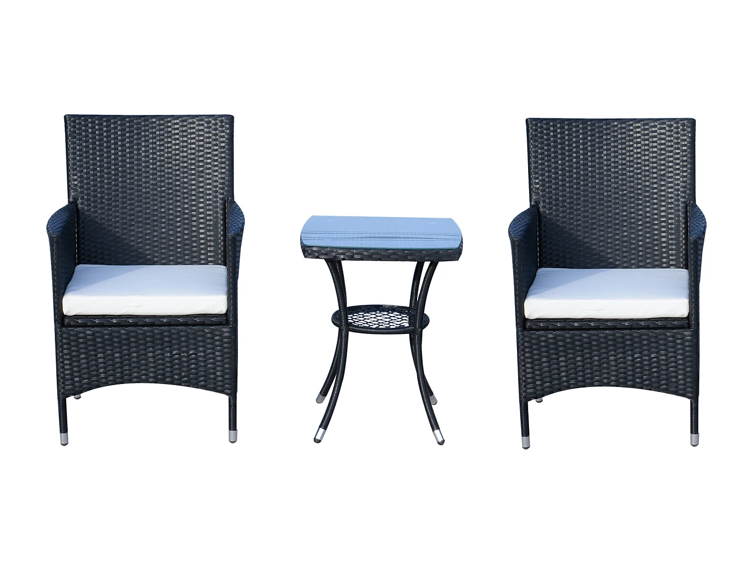 Ensemble salon de jardin 2 places : 2 fauteuils et table basse plateau verre trempé résine tressée 4 fils imitation rotin avec coussins noir