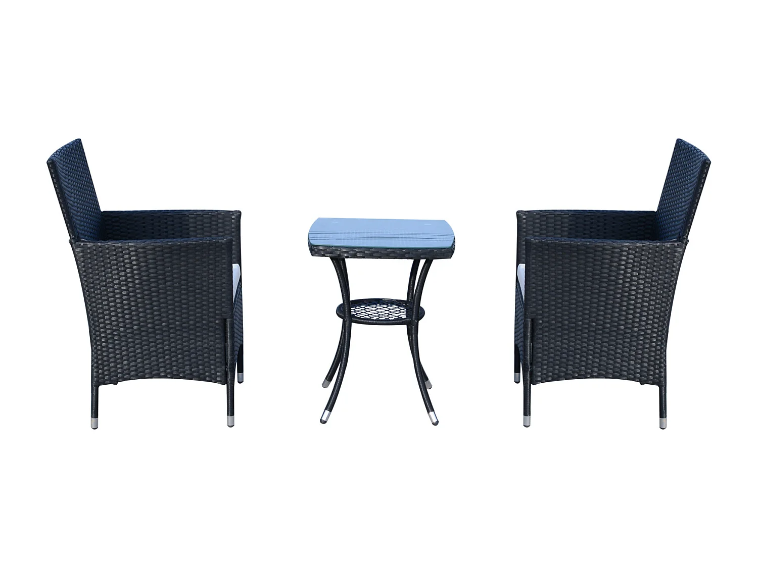 Ensemble salon de jardin 2 places : 2 fauteuils et table basse plateau verre trempé résine tressée 4 fils imitation rotin avec coussins noir