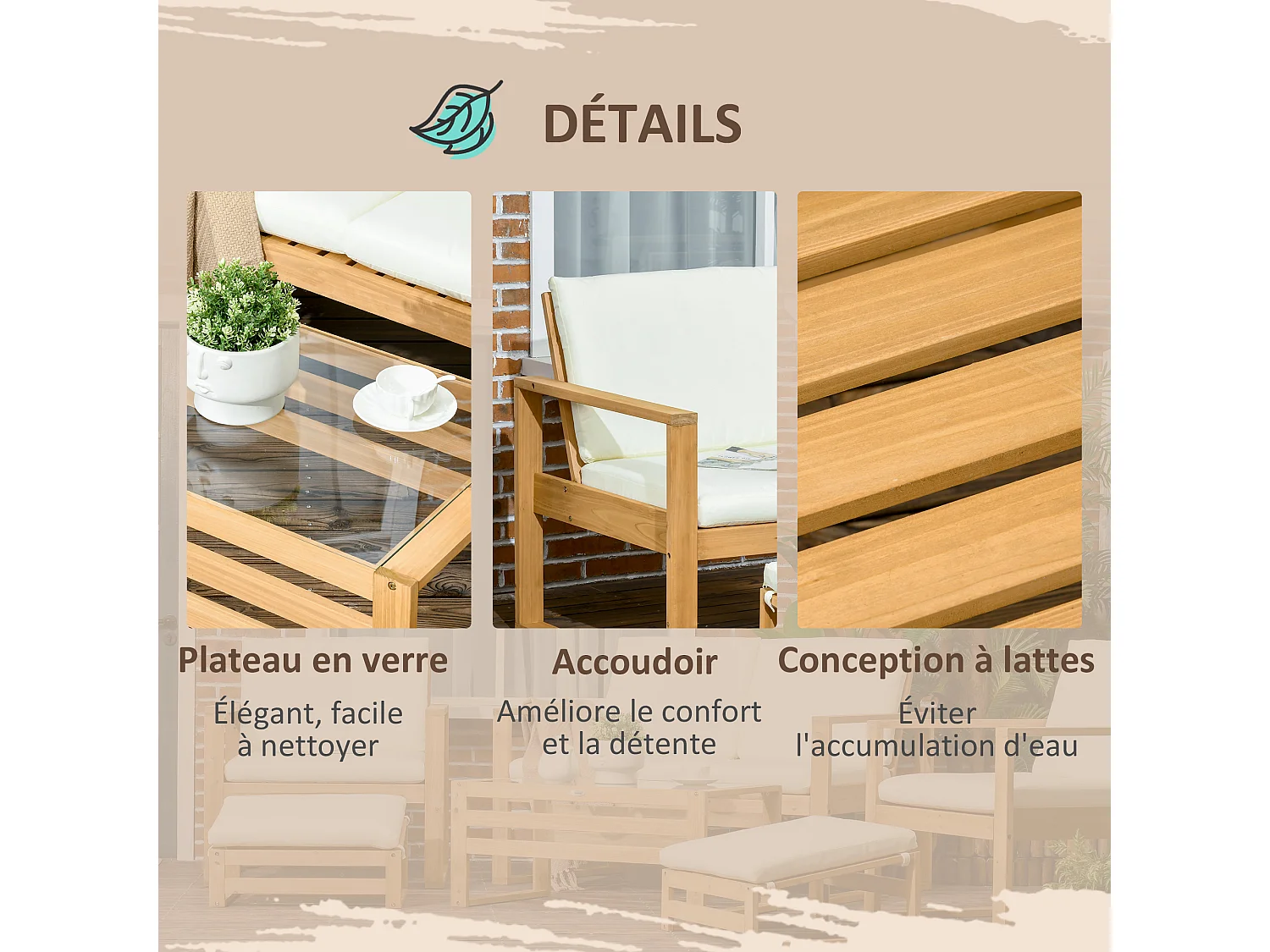 Salon de Jardin en bois 4 personnes 6 pièces 10 coussins inclus sapin coloris bois de teck polyester crème