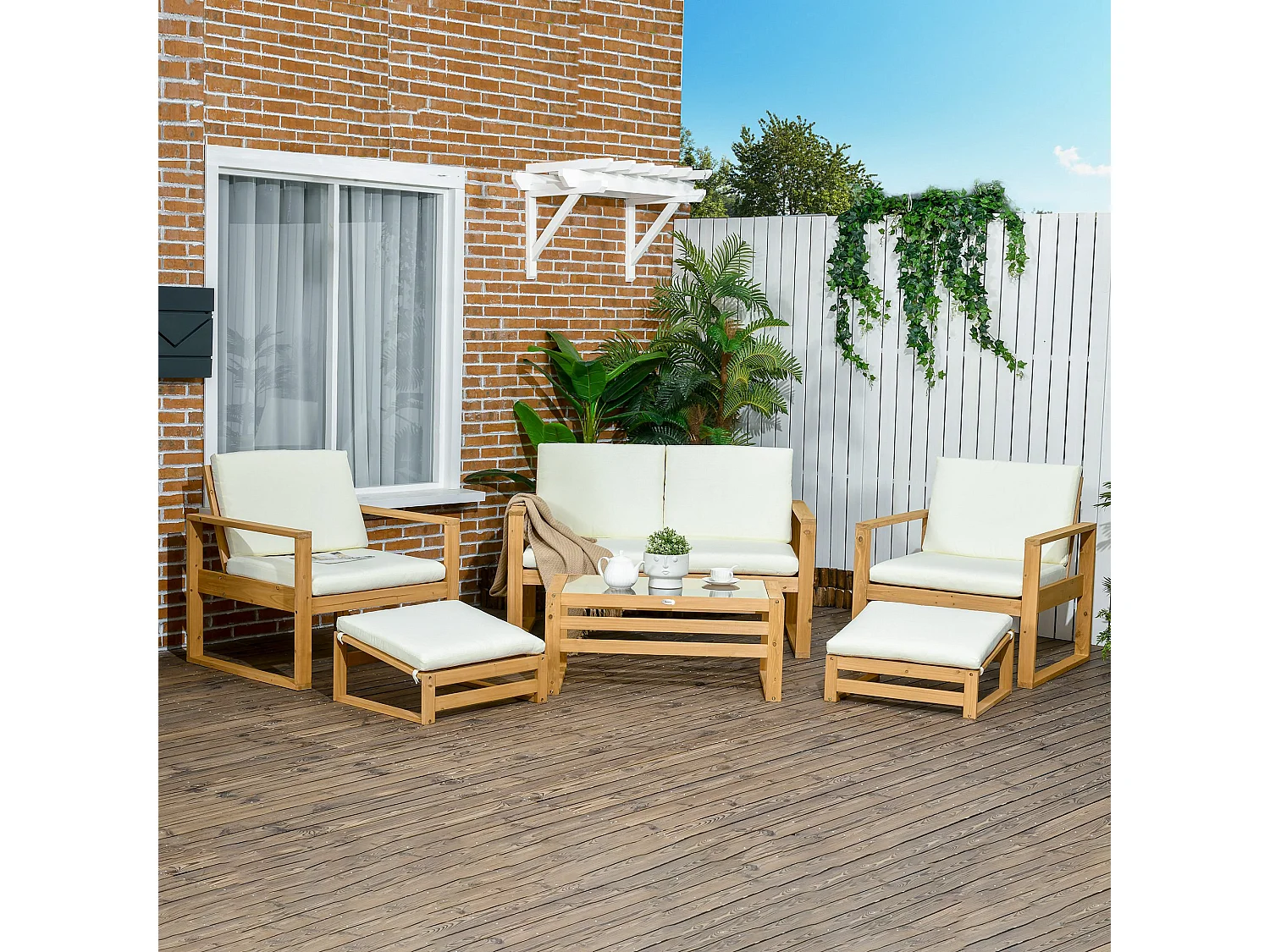 Salon de Jardin en bois 4 personnes 6 pièces 10 coussins inclus sapin coloris bois de teck polyester crème
