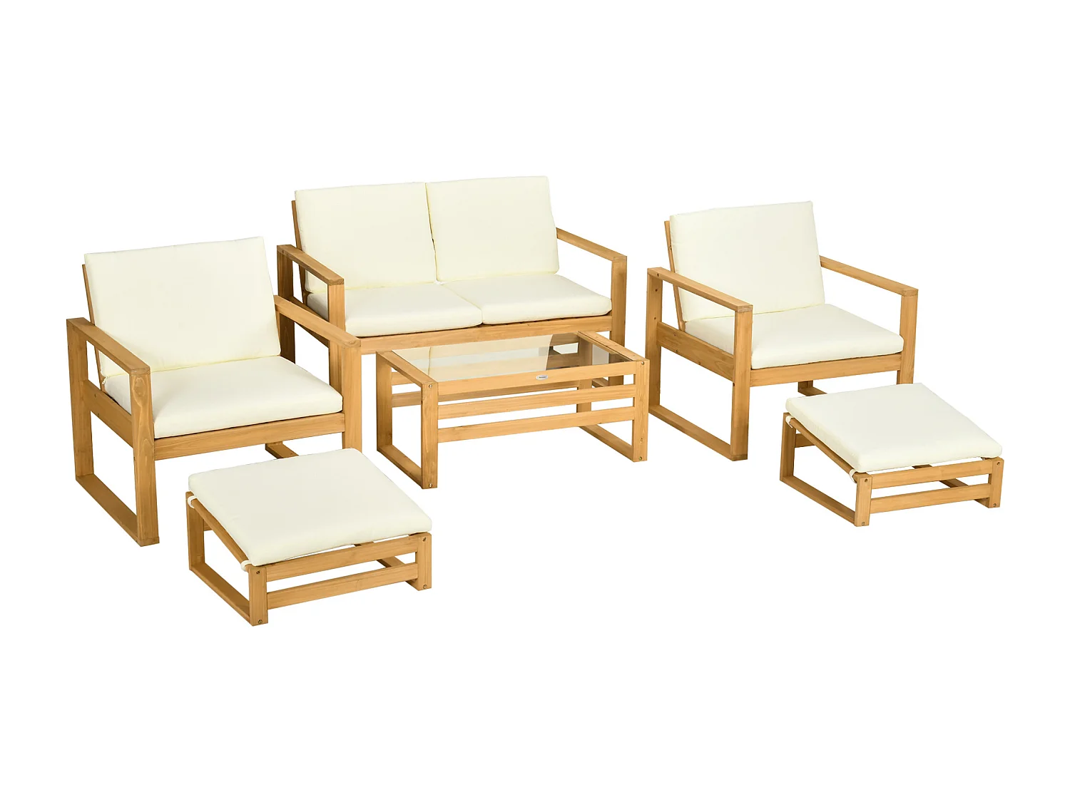 Salon de Jardin en bois 4 personnes 6 pièces 10 coussins inclus sapin coloris bois de teck polyester crème