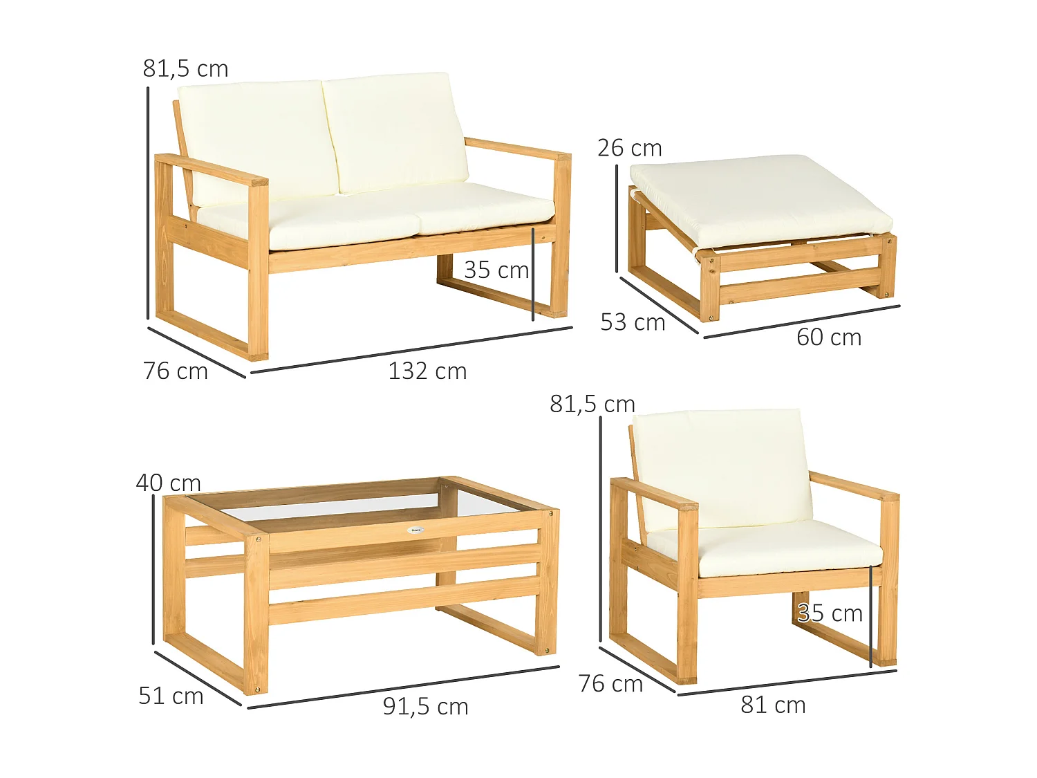 Salon de Jardin en bois 4 personnes 6 pièces 10 coussins inclus sapin coloris bois de teck polyester crème
