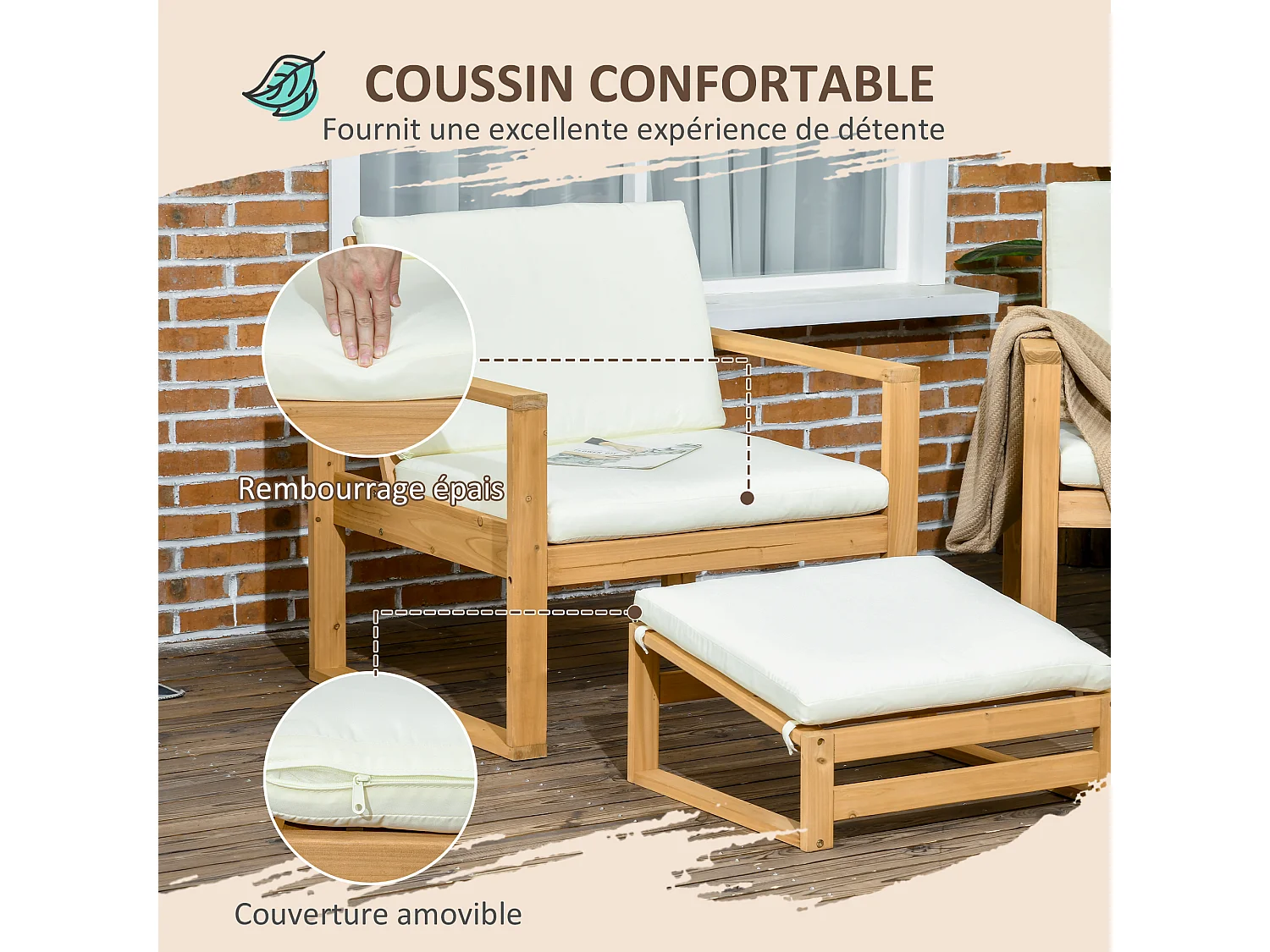 Salon de Jardin en bois 4 personnes 6 pièces 10 coussins inclus sapin coloris bois de teck polyester crème