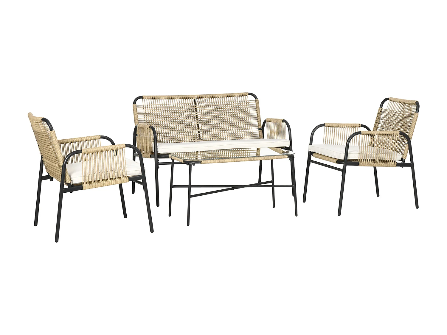 Salon de jardin 4 places 4 pièces style colonial table basse coussins crème inclus résine tressée beige