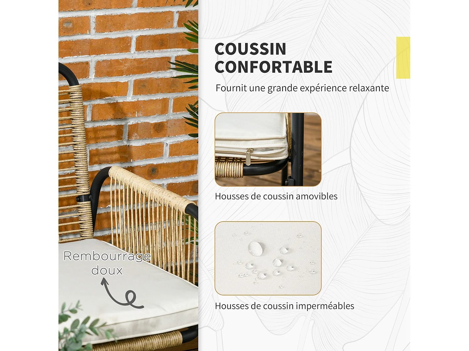 Salon de jardin 4 places 4 pièces style colonial table basse coussins crème inclus résine tressée beige