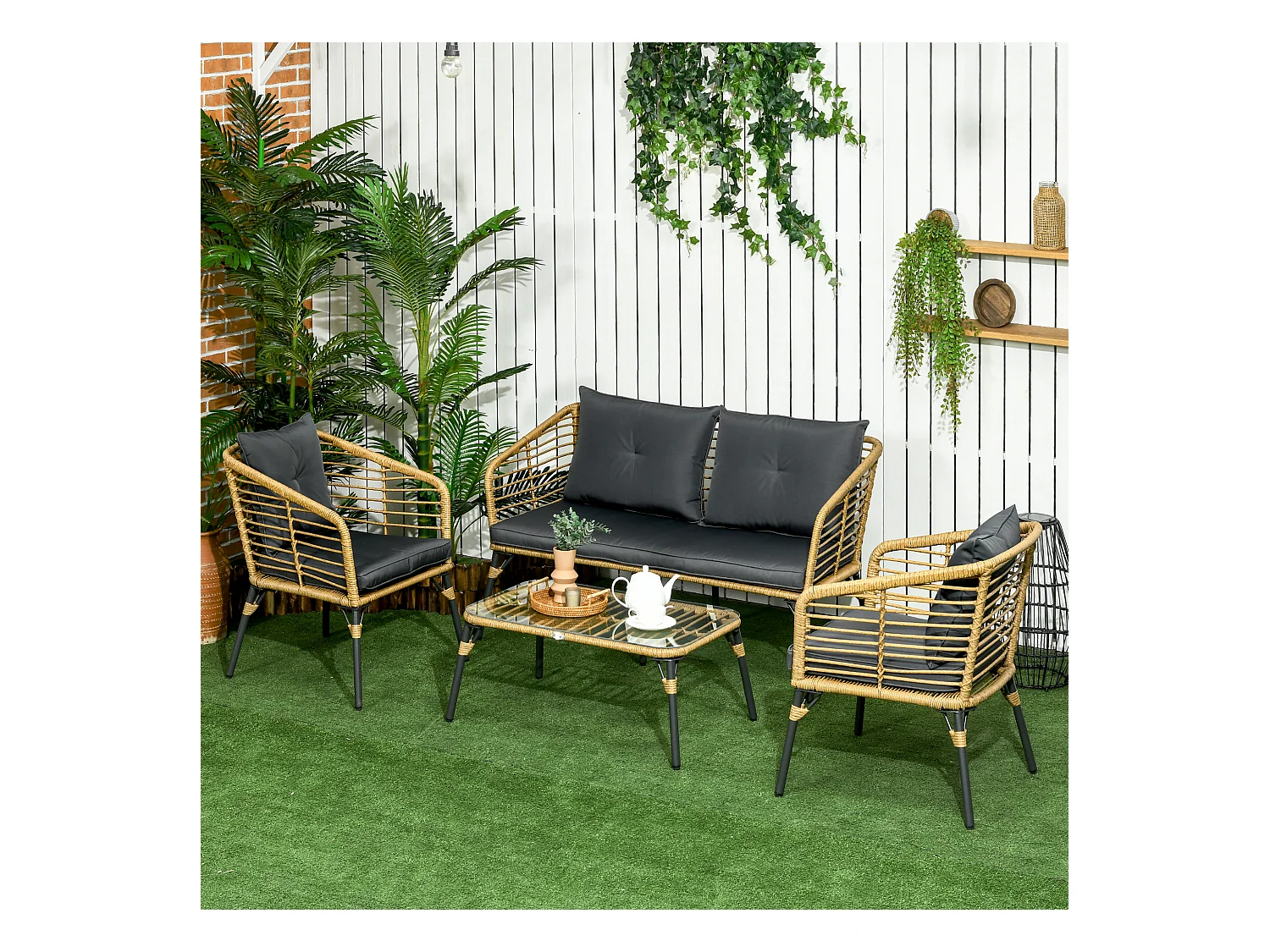 Salon de jardin 4 places 4 pièces style colonial table basse coussins gris fournis résine tressée aspect rotin