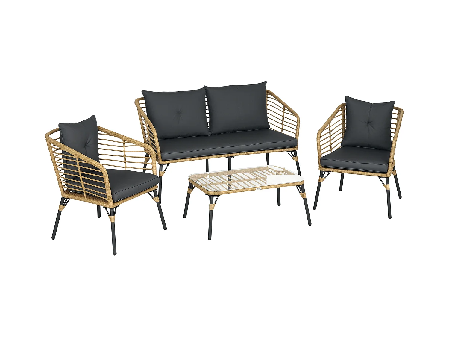 Salon de jardin 4 places 4 pièces style colonial table basse coussins gris fournis résine tressée aspect rotin