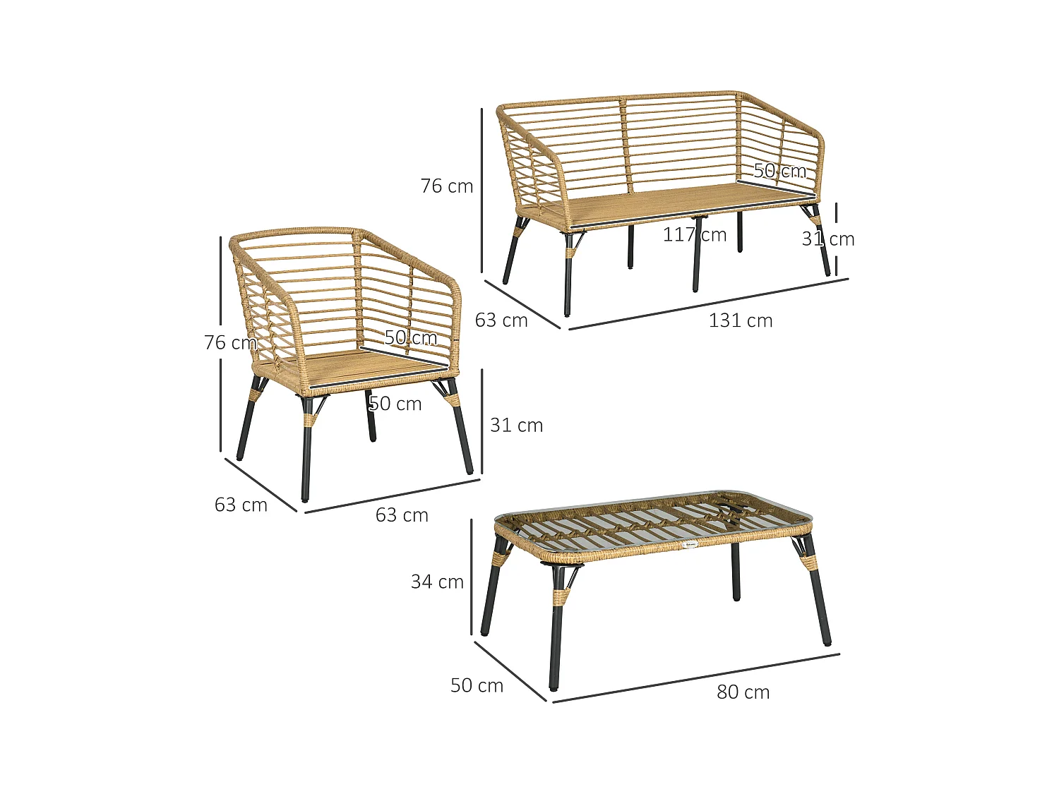 Salon de jardin 4 places 4 pièces style colonial table basse coussins gris fournis résine tressée aspect rotin