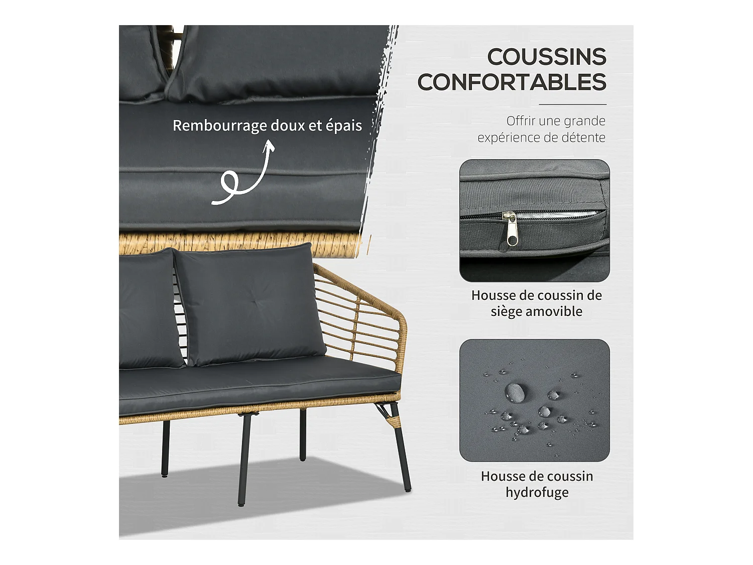 Salon de jardin 4 places 4 pièces style colonial table basse coussins gris fournis résine tressée aspect rotin