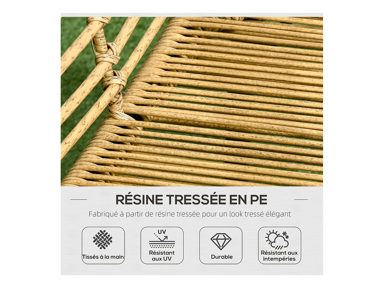 Salon de jardin 4 places 4 pièces style colonial table basse coussins gris fournis résine tressée aspect rotin