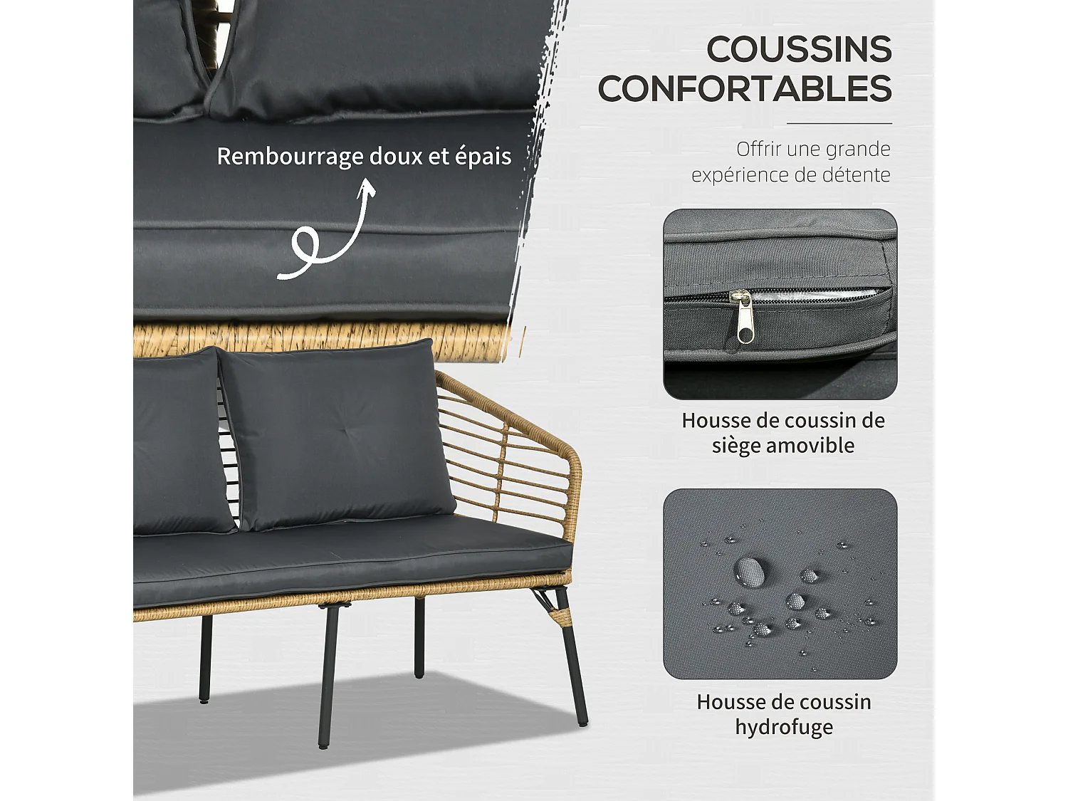 Salon de jardin 4 places 4 pièces style colonial table basse coussins gris fournis résine tressée aspect rotin