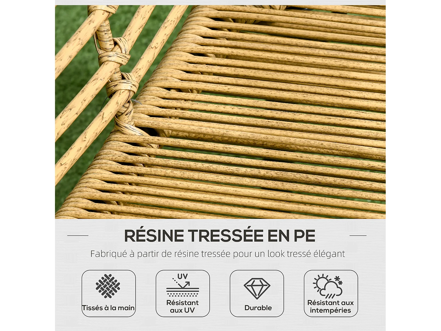 Salon de jardin 4 places 4 pièces style colonial table basse coussins gris fournis résine tressée aspect rotin