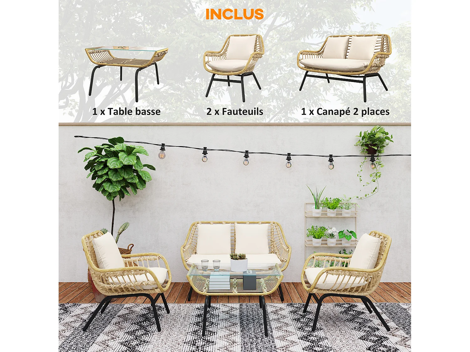 Salon de jardin 4 pers. 4 pièces style exotique métal époxy résine imitation bambou coussins grand confort inclus polyester beige