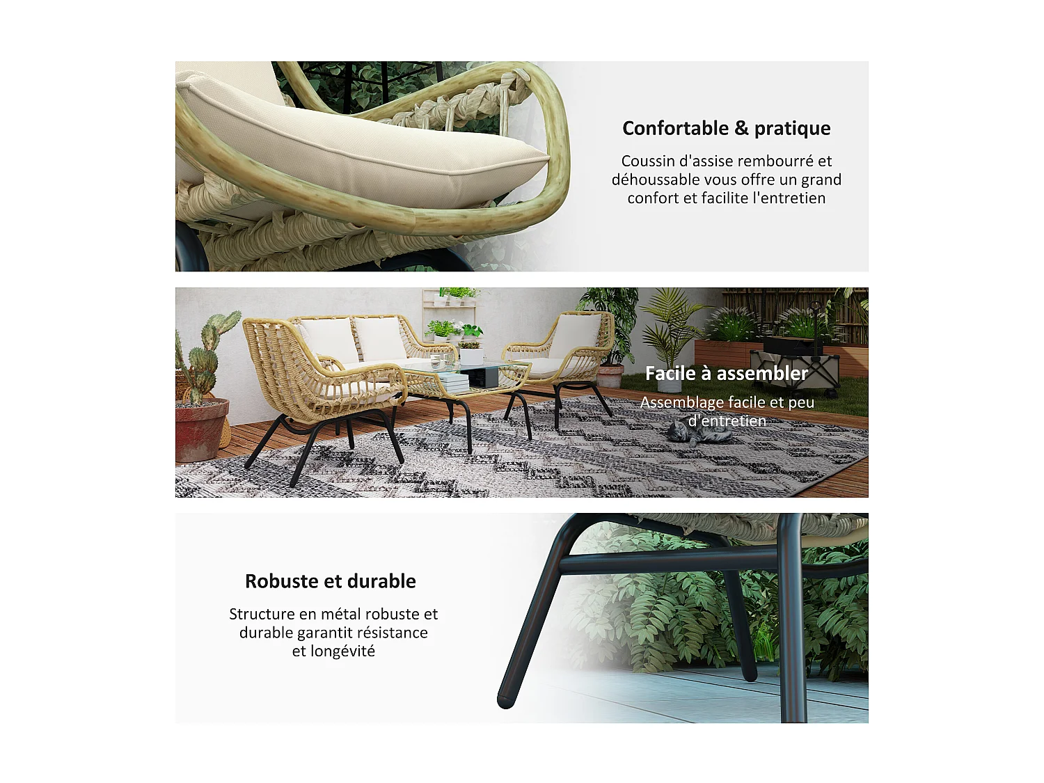 Salon de jardin 4 pers. 4 pièces style exotique métal époxy résine imitation bambou coussins grand confort inclus polyester beige