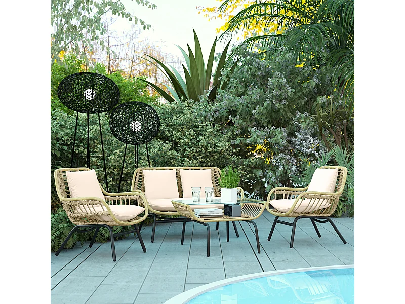 Salon de jardin 4 pers. 4 pièces style exotique métal époxy résine imitation bambou coussins grand confort inclus polyester beige