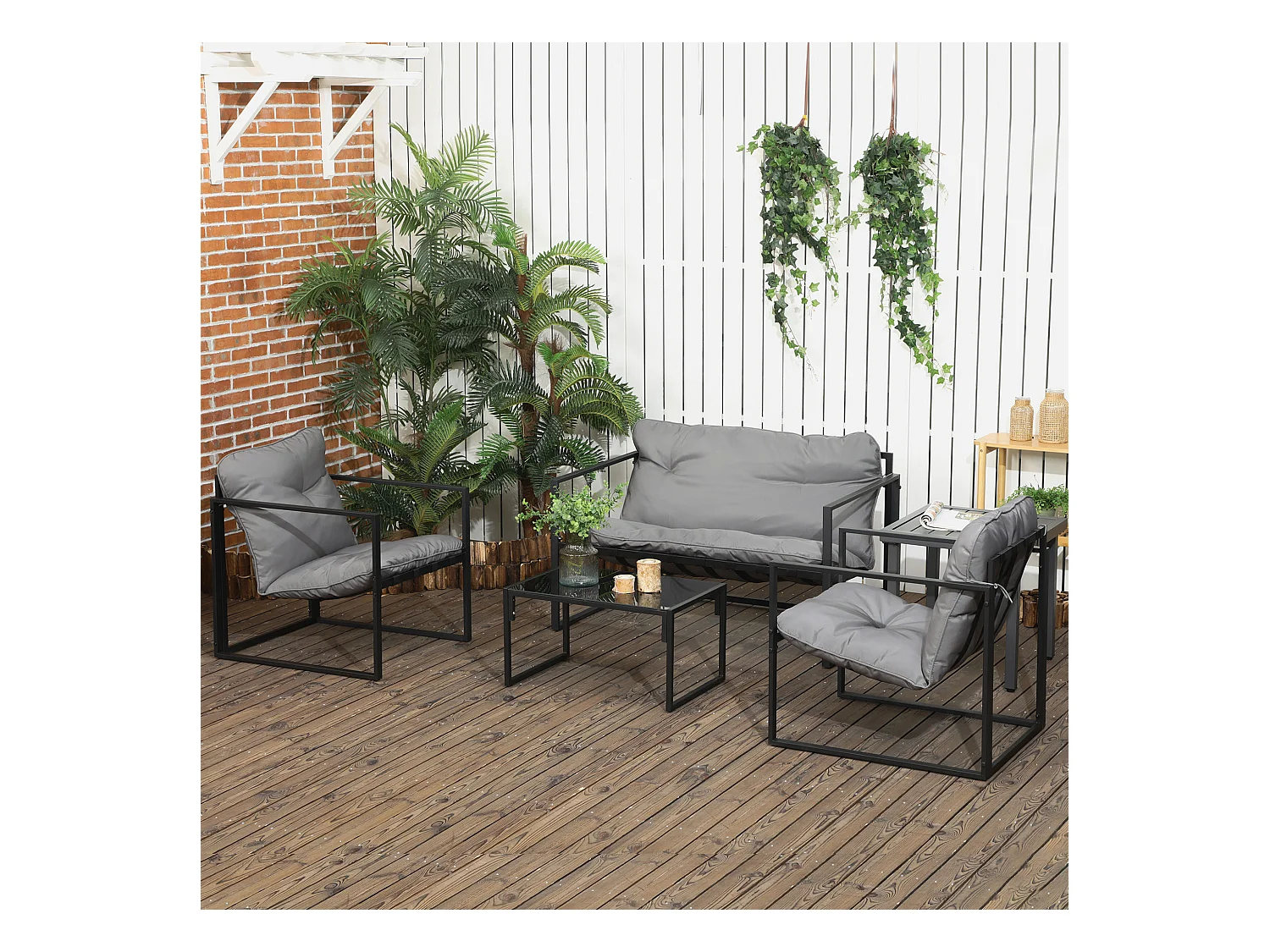 Salon de jardin 4 personnes - 4 pièces, 3 coussins - acier époxy noir polyester gris