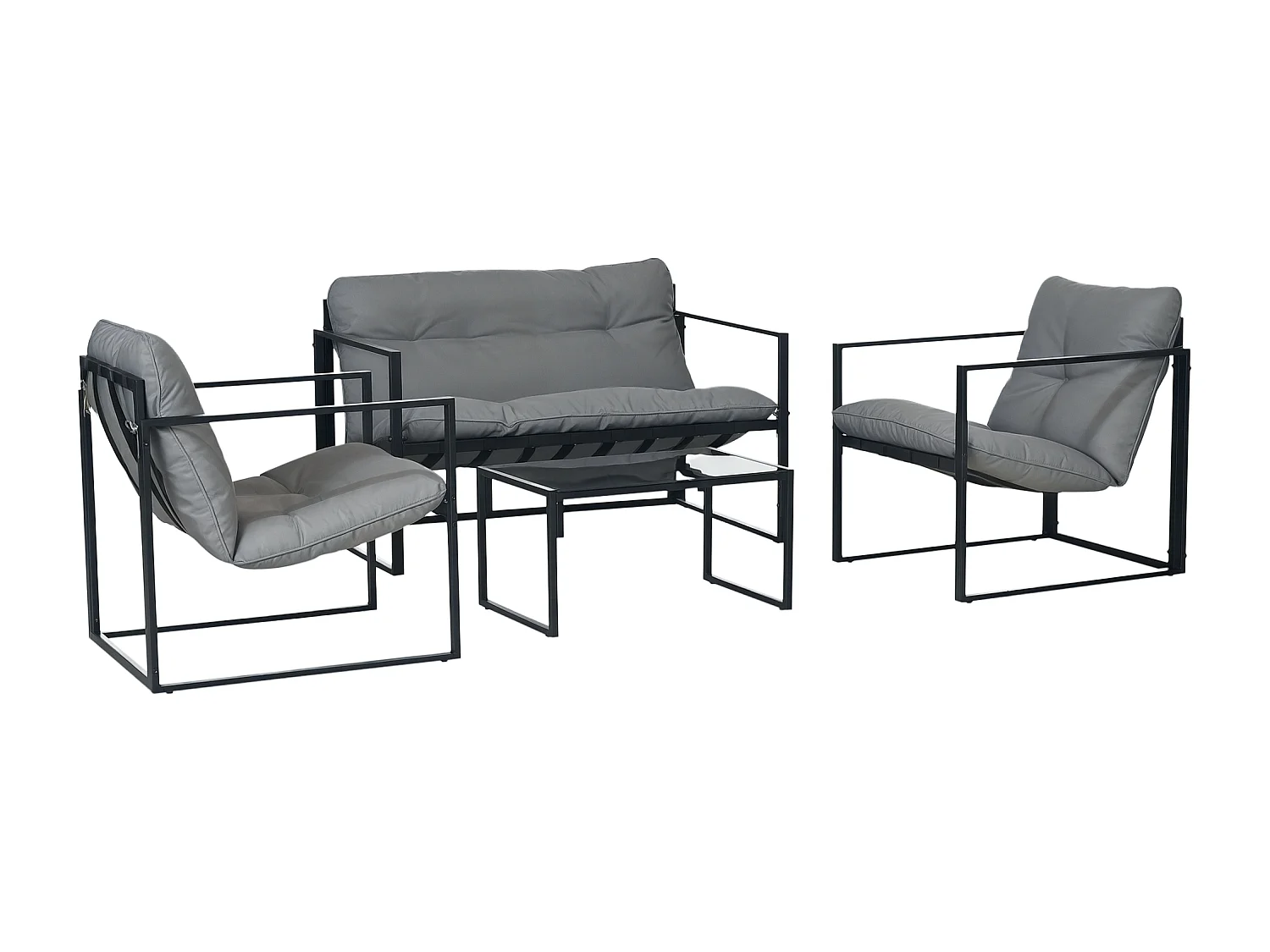 Salon de jardin 4 personnes - 4 pièces, 3 coussins - acier époxy noir polyester gris