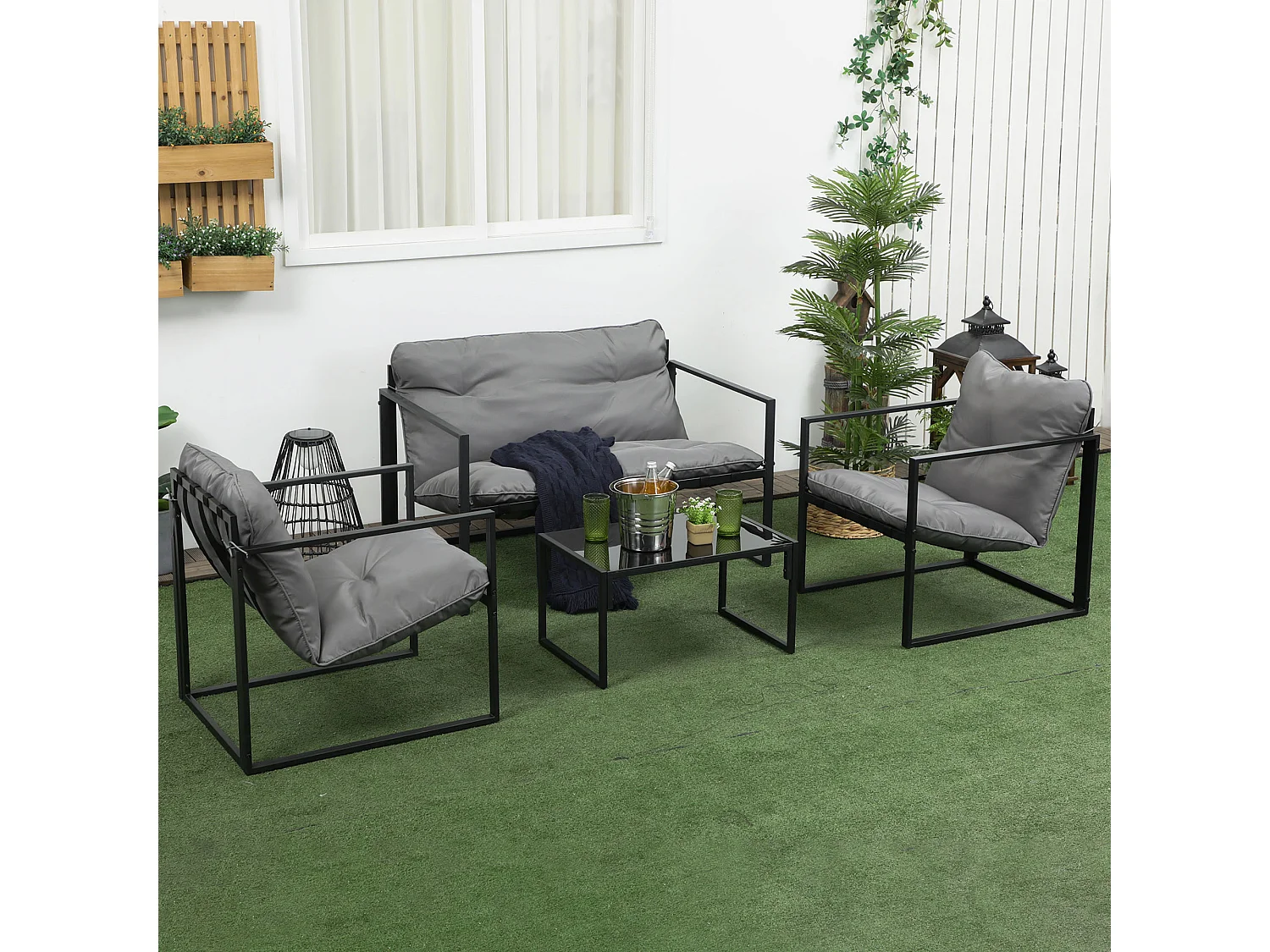 Salon de jardin 4 personnes - 4 pièces, 3 coussins - acier époxy noir polyester gris