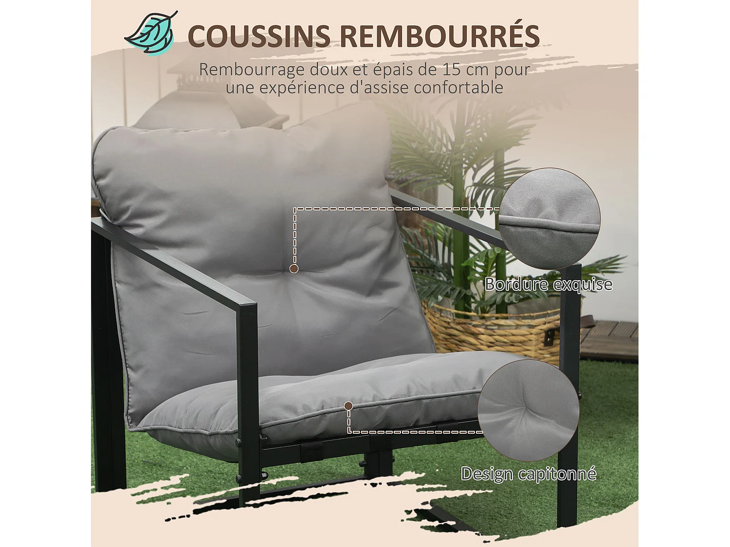 Salon de jardin 4 personnes - 4 pièces, 3 coussins - acier époxy noir polyester gris