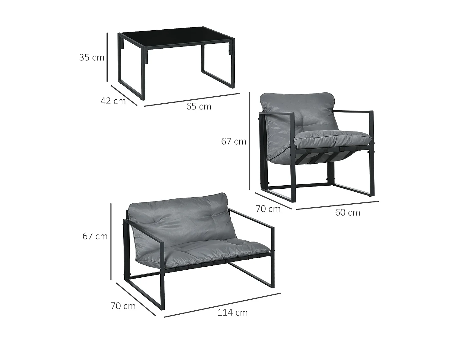 Salon de jardin 4 personnes - 4 pièces, 3 coussins - acier époxy noir polyester gris